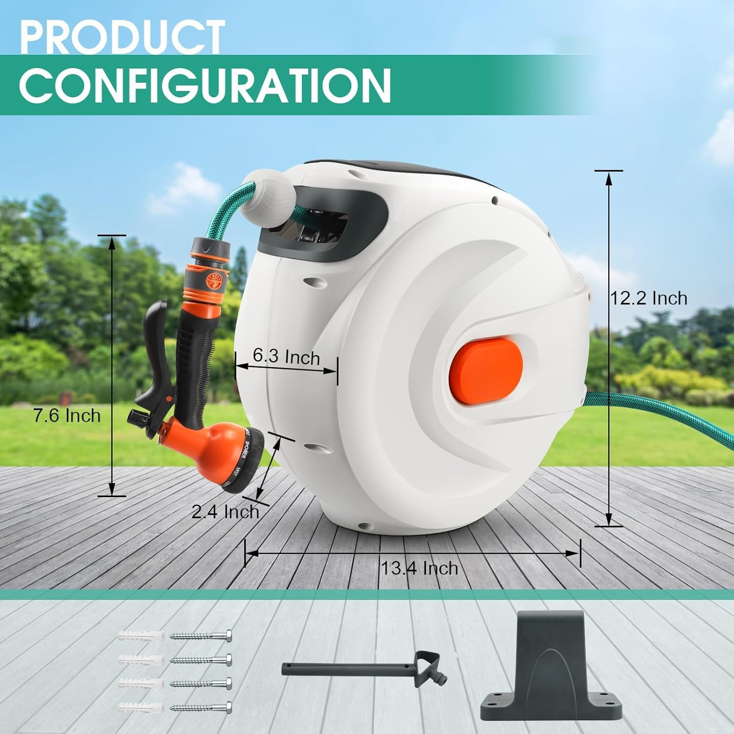 Retractable Garden Hose Reel,20M Garden Hose Reel Wall Wounted,Self-Locking System/Auto Rewind/Wall Loumted/180&deg;Swivel Bracket/Multi-Function Spray Nozzle for Garden Lawn Garage Watering image number 6