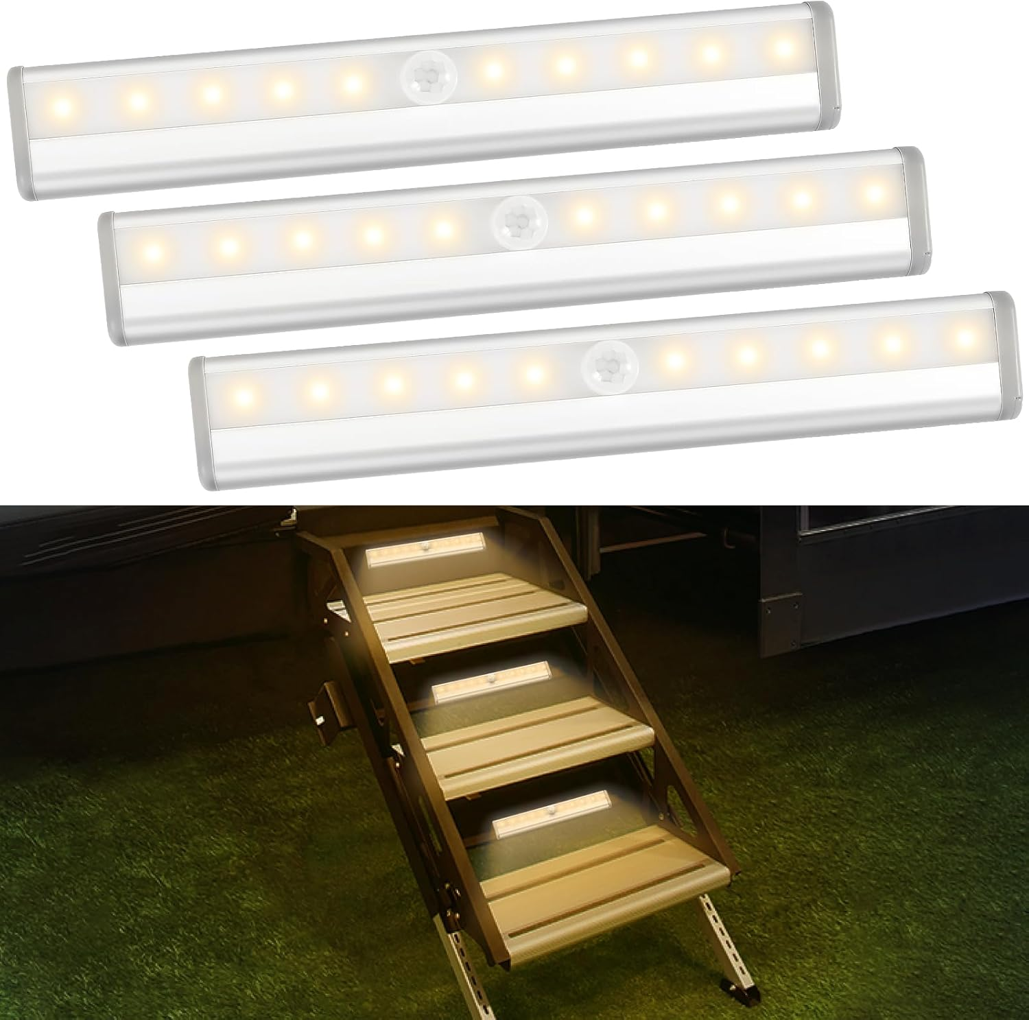 3 Pack Motion Sensor RV Step Lights, 10 LED Battery Operated Motorhome Motion Activated Light Strip, Magnetic Night Light Bar for Motorhome Travel, Trailers, Camper (White Light)