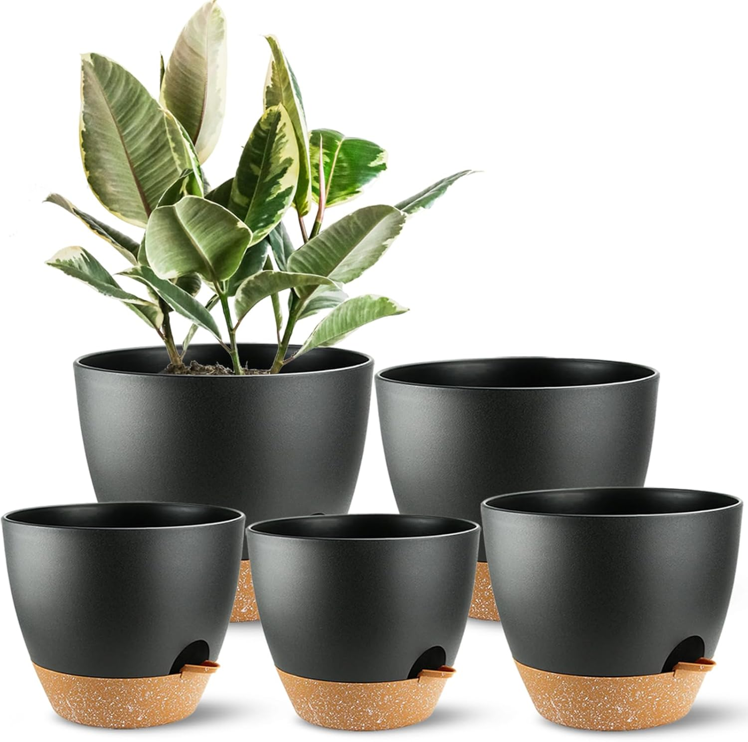 Self Watering Plants Pot with Drainage Hole, Flower Plants Pots for Indoor & Outdoor, Black Plastic Self Watering Planters Succulent Pot 5Pcs/Set image number 1