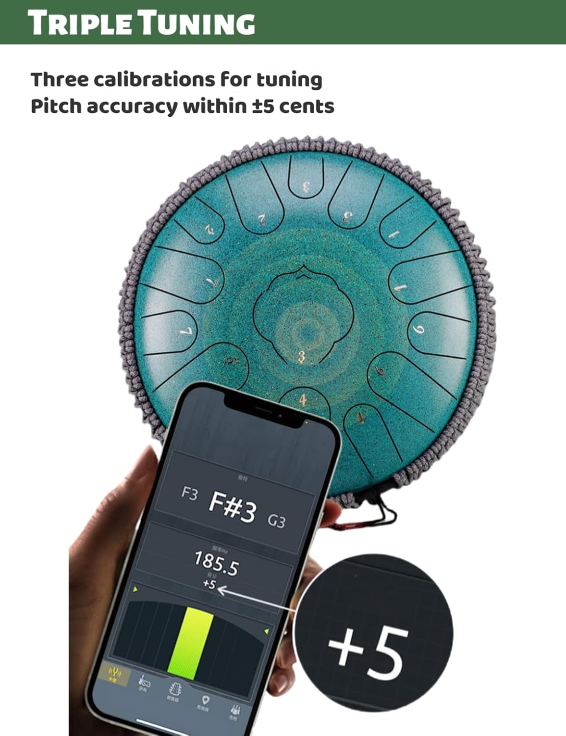 Steel Tongue Drum12.5 Inch 15 Note Handpan Percussion Instrument (Green) image number 3