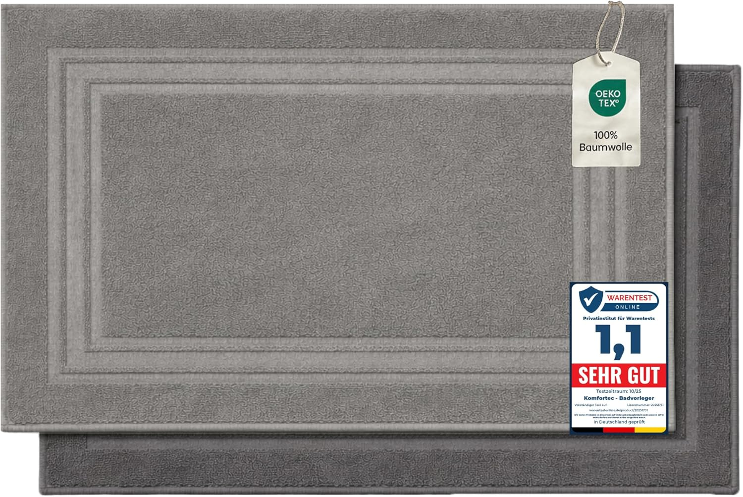 Komfortec Bath Mat Set, 2 Pieces, Terry Cloth Shower Mat, Washable Shower Mat & Bath Mat, 600 G/M&sup2; & 100% Cotton, Absorbent & Quick Drying, 50 X 70 Cm, White