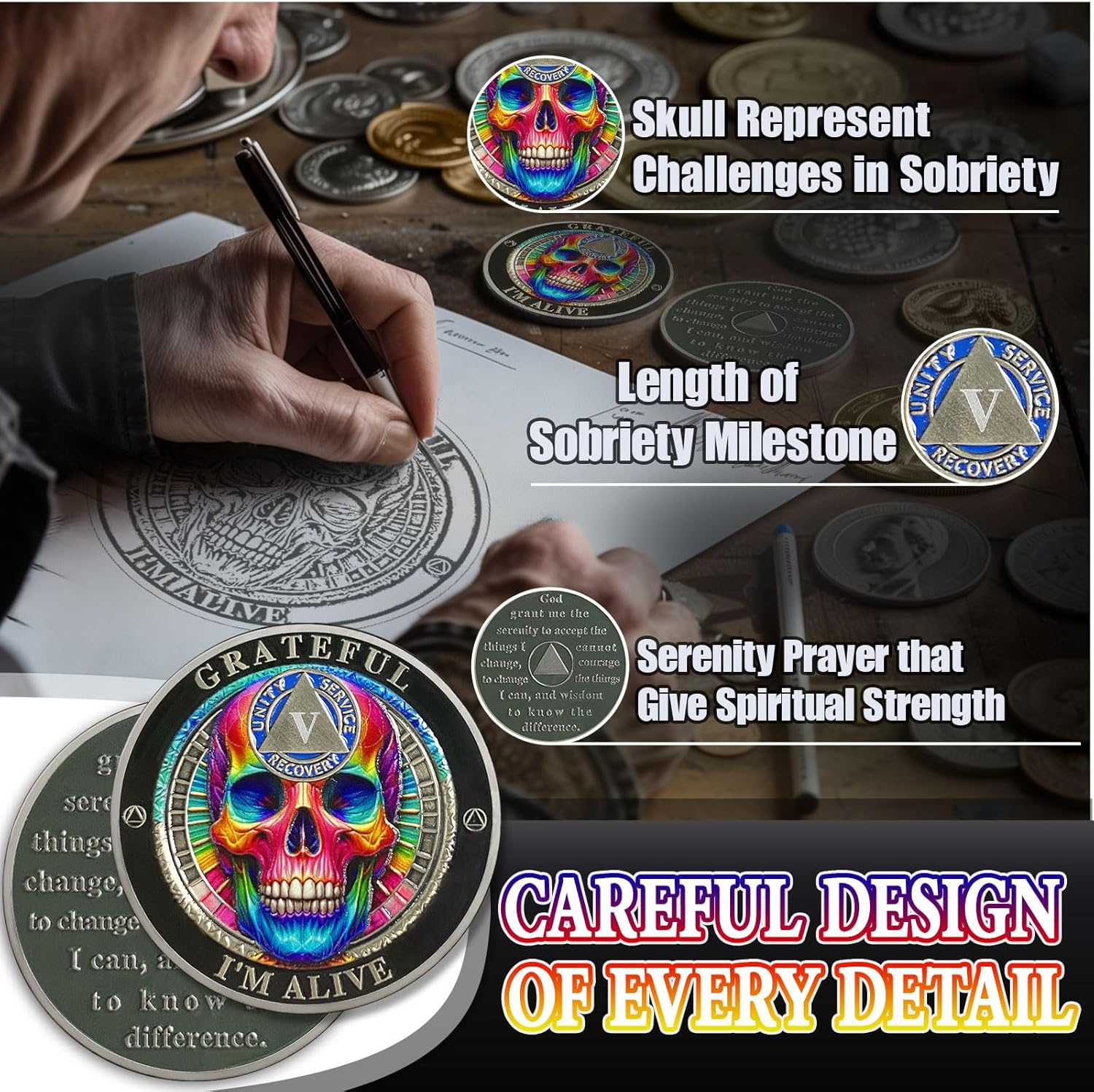 Rainbow Skull 5 Year Sobriety Coin Grateful I'M Alive Five Years Sober Chip - AA Chips and Medallion - AA Coin with Serenity Prayer Sobriety Gifts for Men Women image number 6