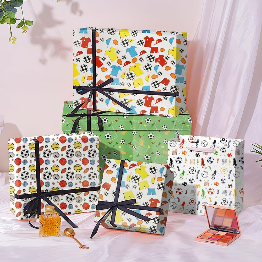 Soccer Wrapping Paper 12 Sheets Birthday 28X20In Folded Flat Gift Wra Paper 4 Style Football Sports Football Wrapping Papers Roll Sports Gift Wrap Paper for Boys image number 5