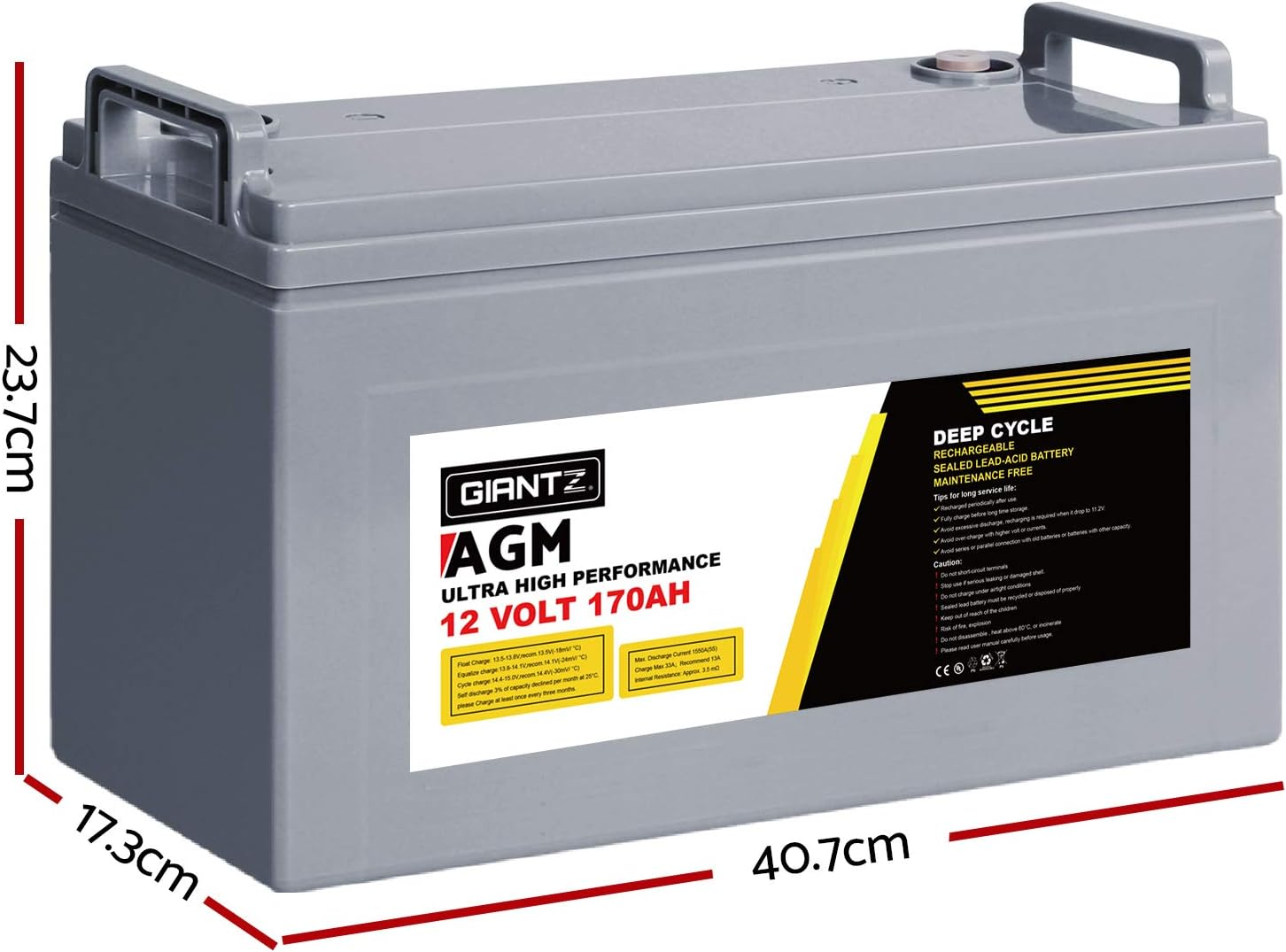 Giantz 170Ah AGM Deep Cycle Battery, Recharge Batterys 4Wd Charging Portable, 1400 Cycles Long Life High Performance for Solar Camper Trailer Caravan Camping Car Power Supply image number 4