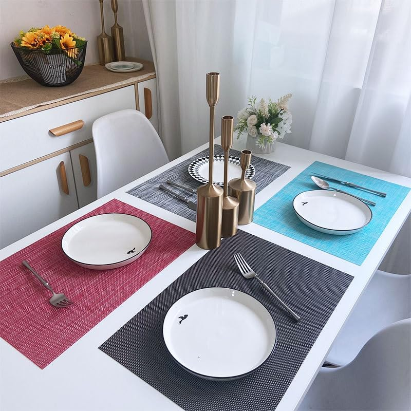 Aoozleny Heat Resistant Placemats Set of 6 &ndash; Waterproof Wipeable Dining Place Mats PVC Woven Coaster Anti-Mildew Placemat Western Placemat Insulated Table Mat (Red) image number 6