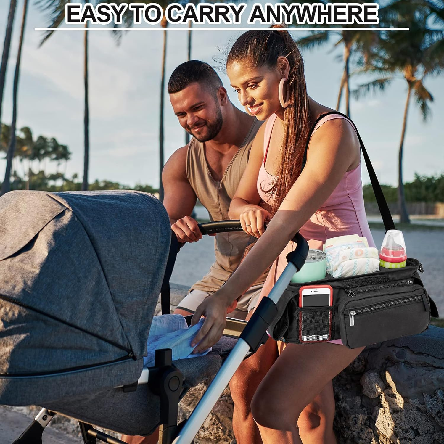 Universal Stroller Organizer with Insulated Cup Holders Detachable Phone Bag & Shoulder Strap, Stroller Accessories Fits for Britax, Uppababy, Baby Jogger, Bugaboo, BOB Stroller (Black) image number 4