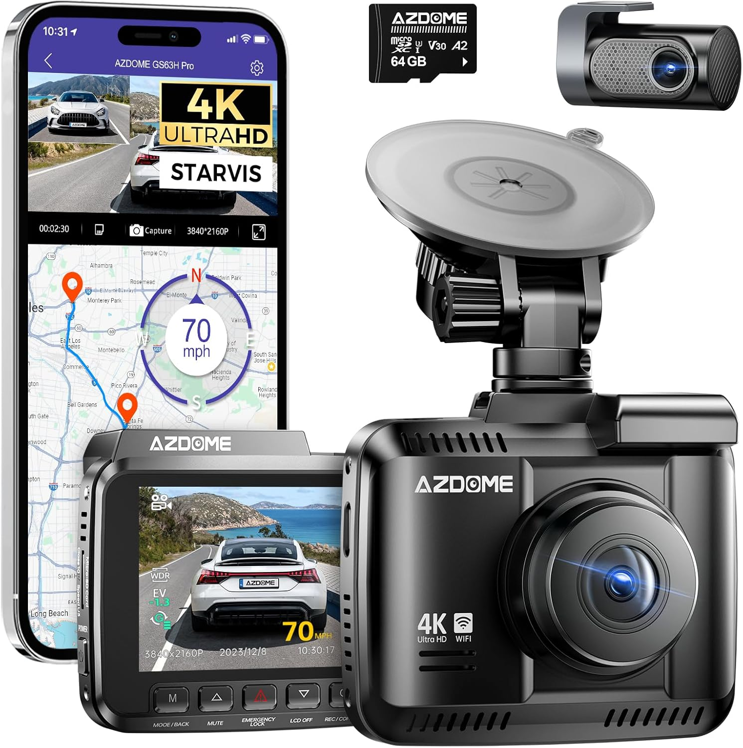 AZDOME 4K Dash Cam Front and Rear, STARVIS Night Vision, UHD 2160P Wifi Dash Camera for Cars with GPS, Included 64GB Card, 2.4" IPS Screen Dashcam, 170&deg;Wide Angle, WDR, 24H Parking Mode (GS63H Pro) image number 5