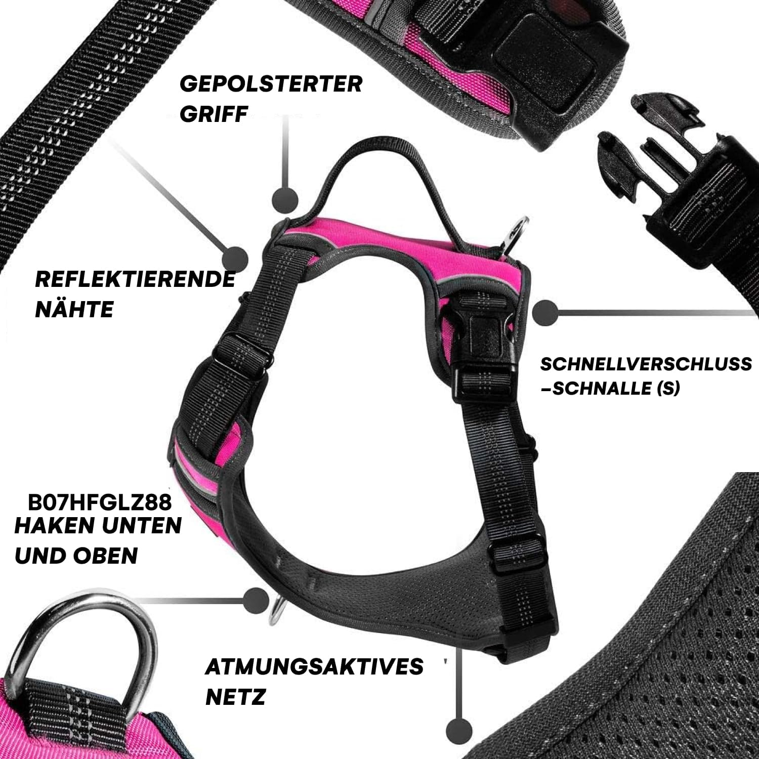 Black Rhino - the Comfort Dog Harness with Mesh Padded Vest for Small - Large Breeds | Adjustable | Reflective | 2 Leash Attachments on Chest & Back - Neoprene Padded Training Handle (Medium, Pink/Bl)