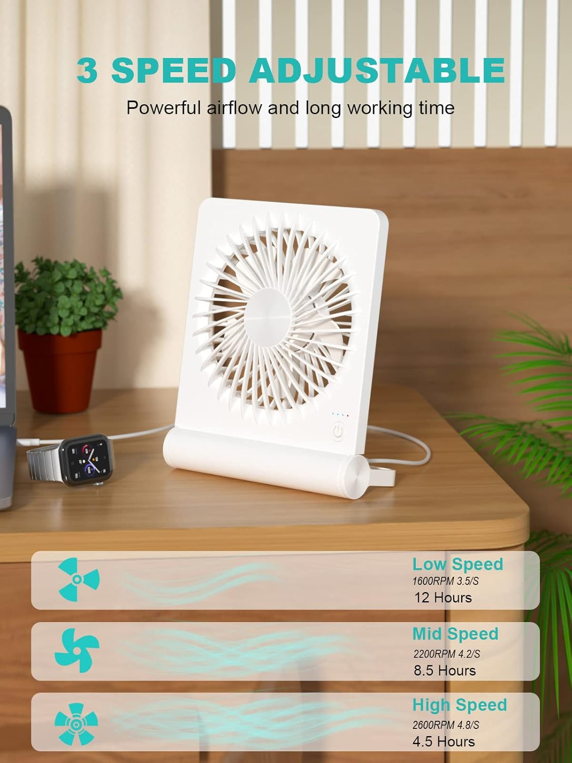 Small Desk Fan, 2000Mah Rechargeable USB Fan Battery Operated,Ultra Quiet, Strong Wind, 3 Speeds & about 4-12 Hours Longer Working, 180&deg;Foldable Mini Desktop Fan for Home Office Travel Outdoor-White - Black image number 2