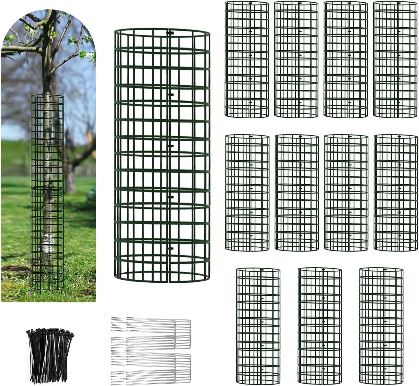 Tree Trunk Protector, 12 Pack Metal Mesh Tree Bark Protector 5'' Dia X 16-1/2'' H with Zip Ties & Stakes, Expandable Tree Guards Trunk Protector, Tree Protectors from Deer, Trimmers (12 Packs)
