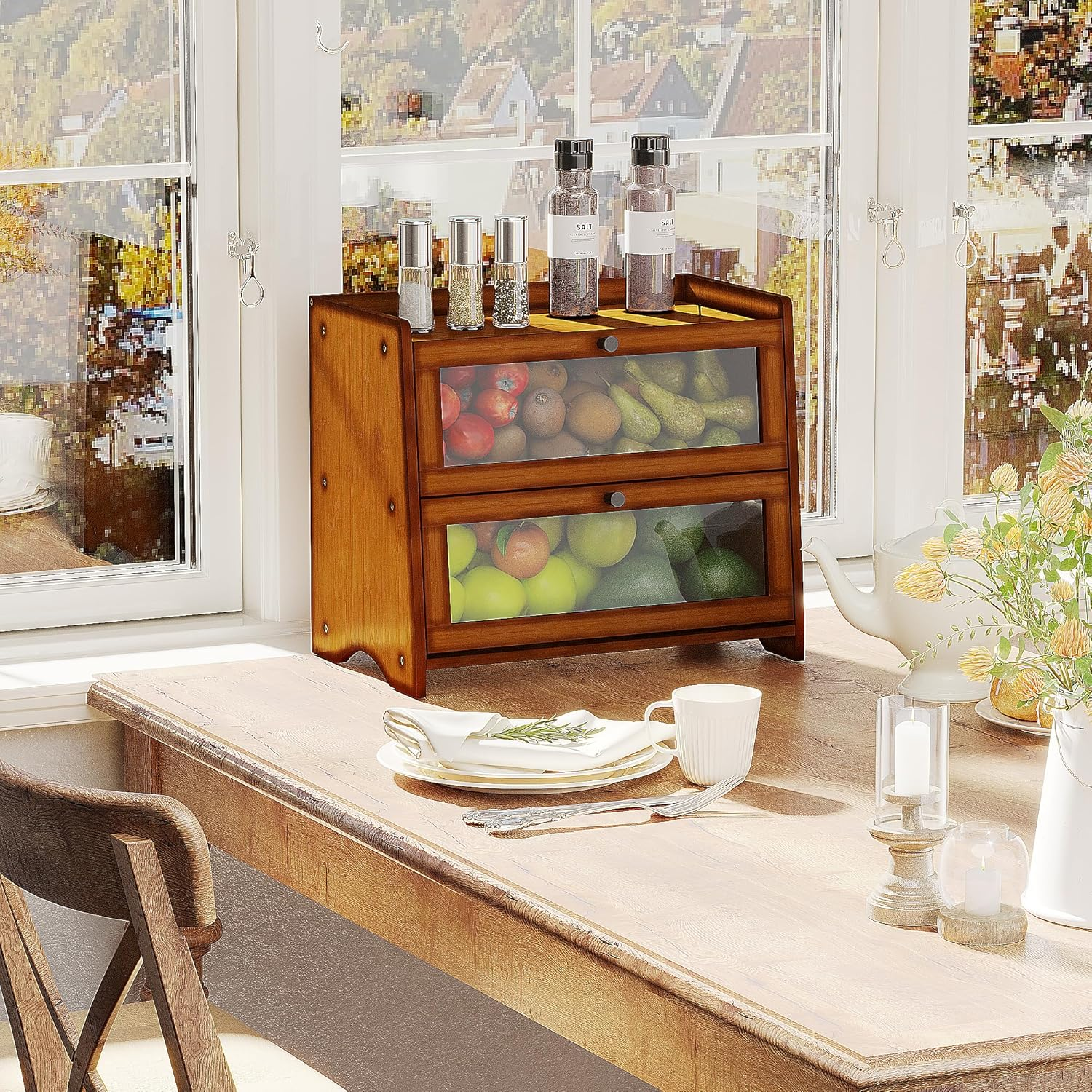 BAMBANG Bread Box for Kitchen Countertop, Extra Large Bamboo Bread Storage Container for Homemade Bread, Double Layer Sourdough Breadox, Bread Bin Organizer for Counter Cabinet Pantry, Brown image number 5