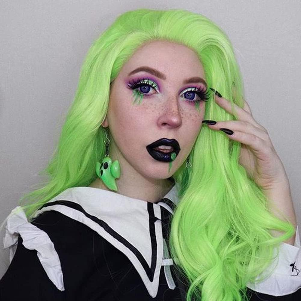 Afbeauty Neon Green Synthetic Lace Front Wig Long Body Wavy Fluorescent Green Side Part Wig Heat Resistant Fibre Soft Wigs for Women Cosplay image number 5