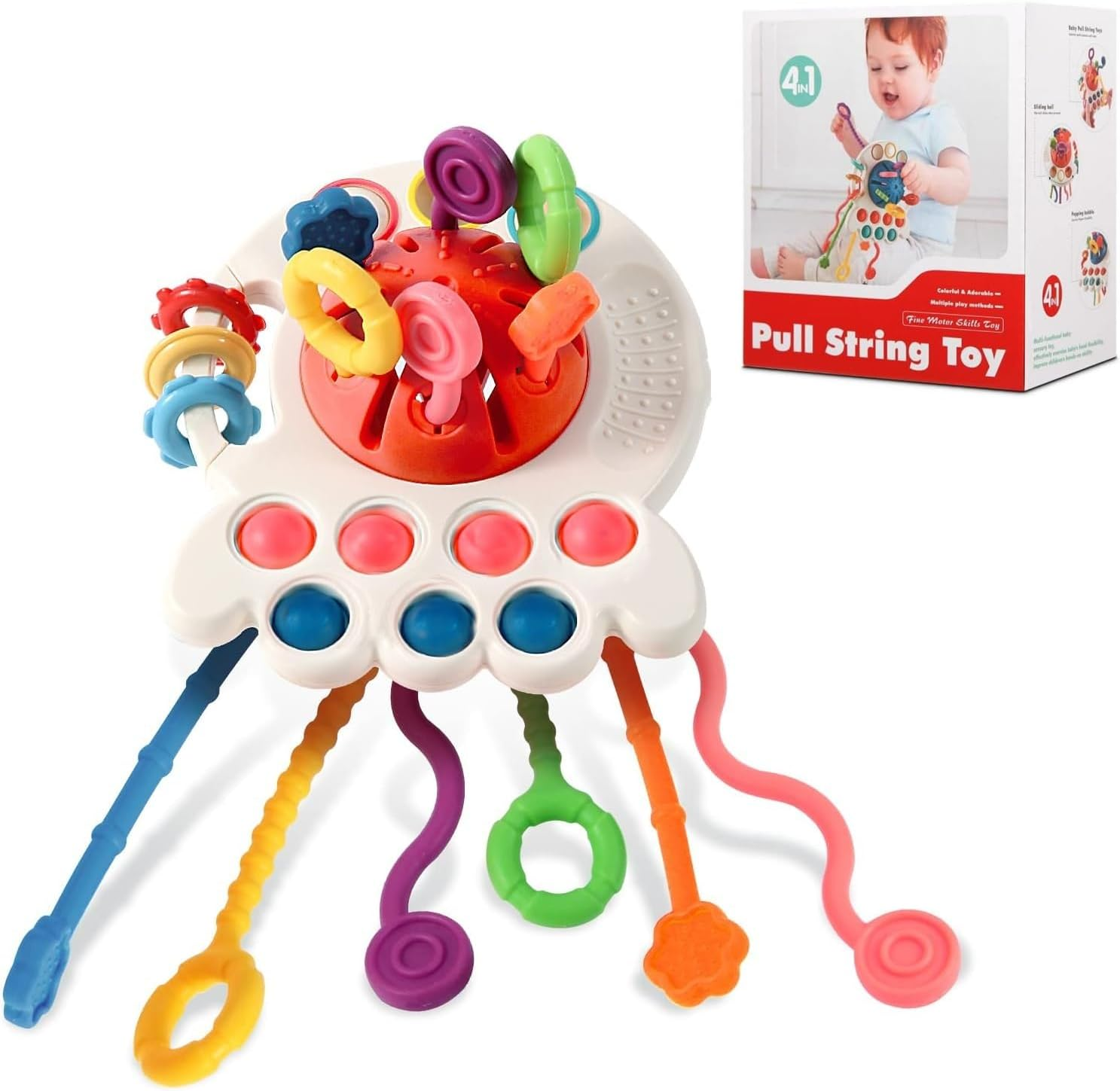 MATHARAGO Silicone Pull String Octopus Toy, Multi-Sensory, Travel & Fine Motor Skills Toys, Blue, Infant & Toddler image number 2