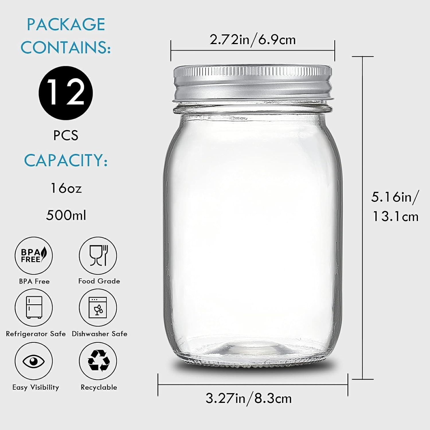 12 Pack 500Ml Mason Jars with Airtight Lids and Bands Glass Canning Jars Ideal for Preserving, Jam, Honey, Jelly, Wedding Favors, Shower Favors, Sauces, DIY Spice Jars, Salad (12) image number 1