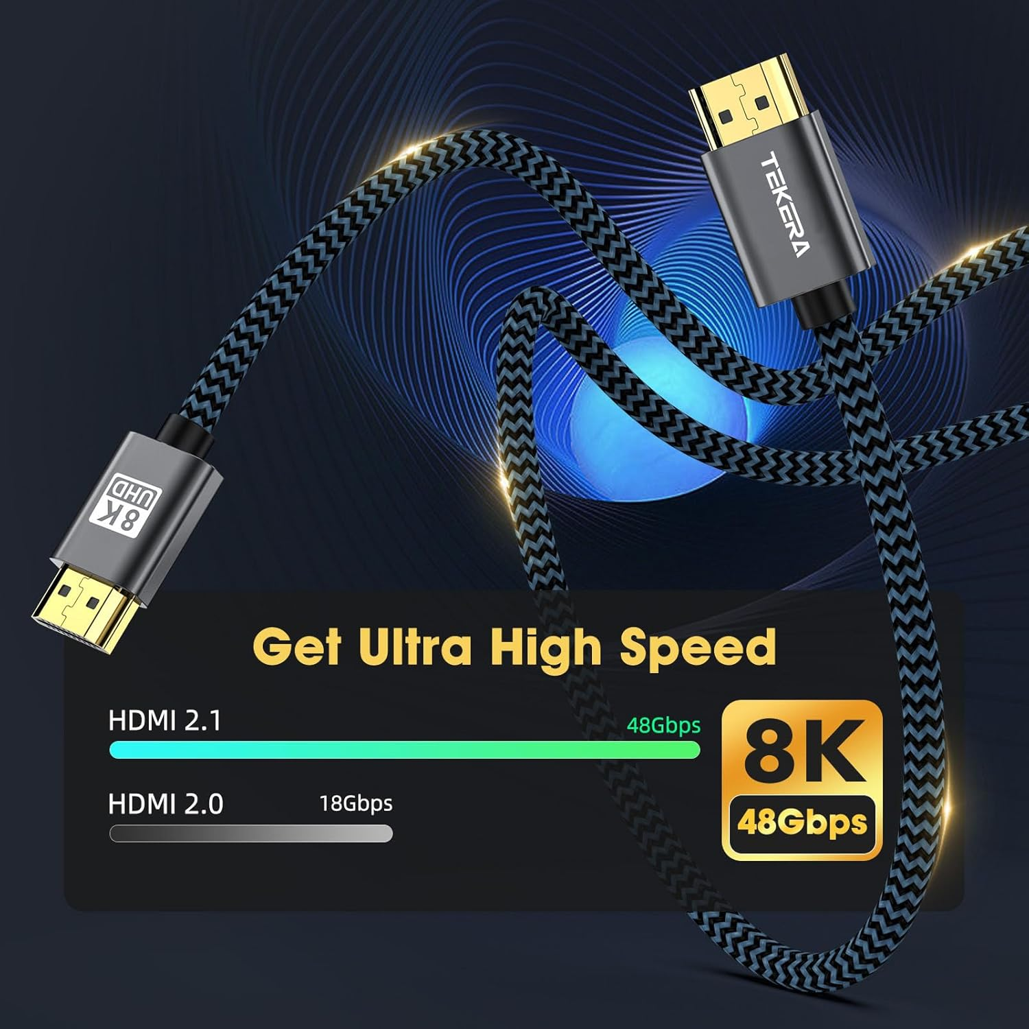 TEKERA 8K HDMI 2.1 Cable 2M, Ultra High-Speed 48Gbps HDMI to HDMI Cord, 4K@120Hz, 8K@60Hz, Earc, Dynamic HDR, VRR, Compatible with PS5, Xbox Series X, Soundbar, TV, Monitor, Projector image number 1