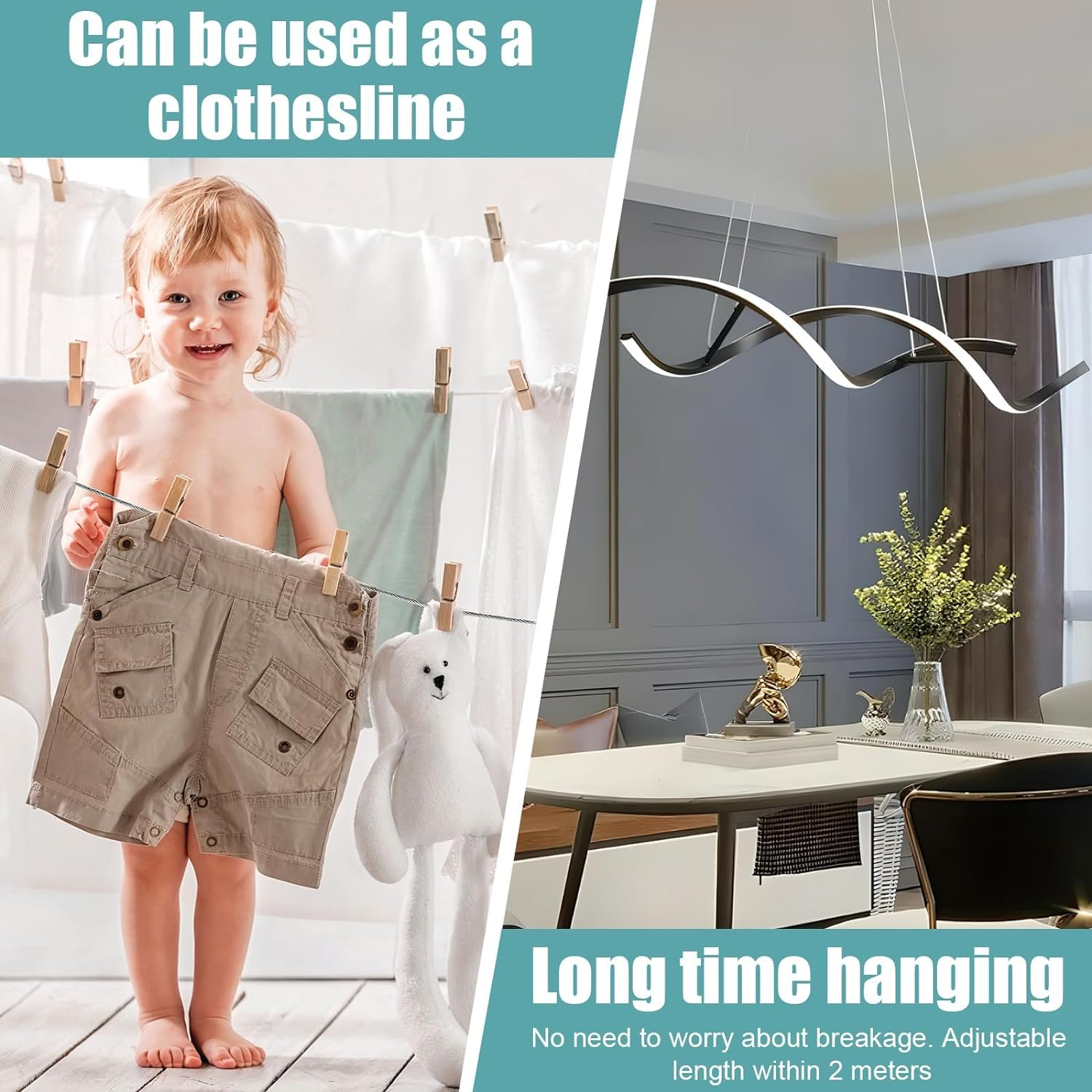 Adjustable Picture Hanging Wire, 2 Pcs Stainless Steel Picture Hanging Wire, Stainless Steel Heavy Duty Hanging Rope for Picture, Mirror Hanging Hardware, Light Lamp, Billboards, Basket image number 2