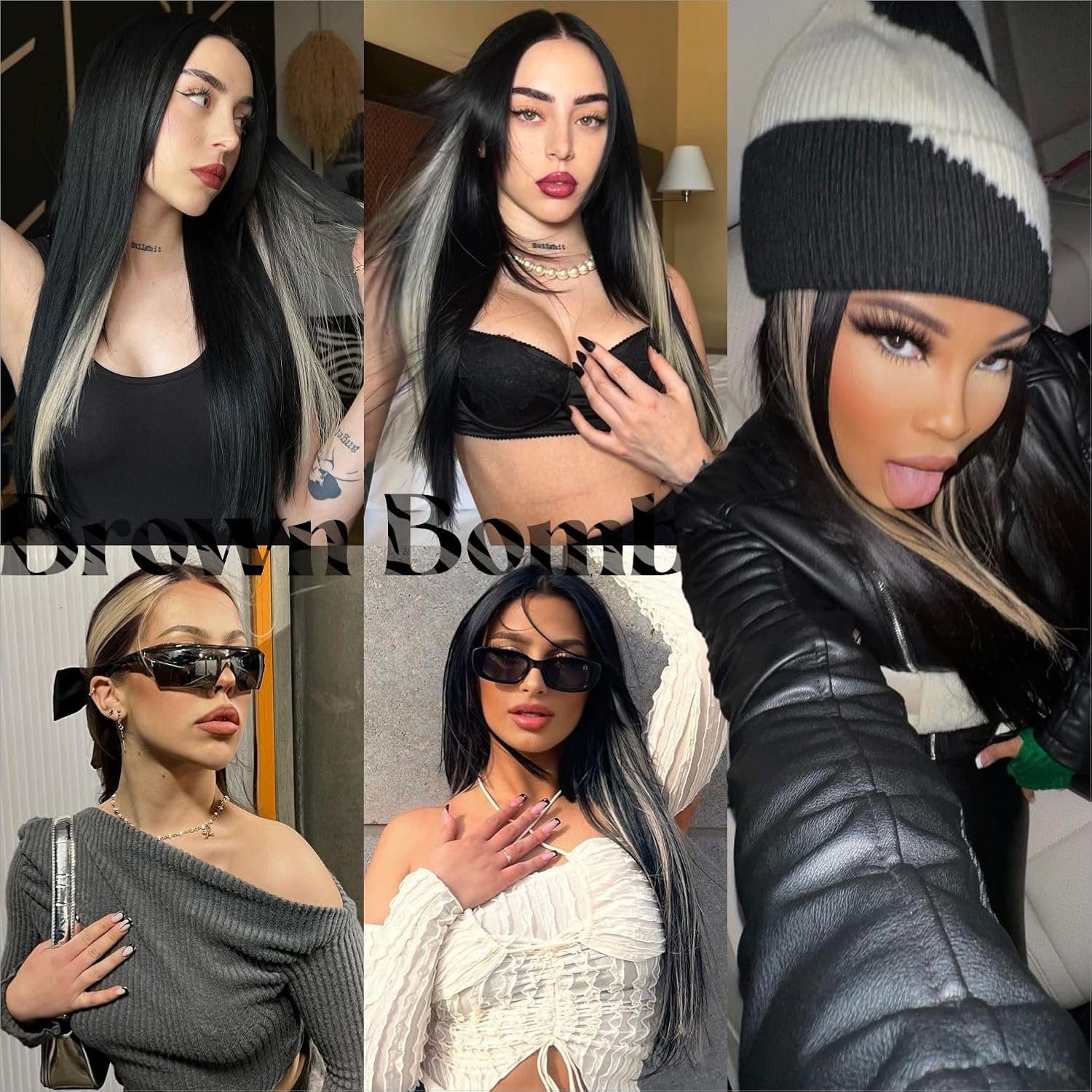 Black Blond Skunk Stripe Wear and Go Glueless Wigs Pre Plucked Pre Cut for Beginners Synthetic Lace Front Wigs with Bangs Long Straight Layered Wigs Highlights 26 Inch 3 Seconds to Wear - Black Blonde image number 5