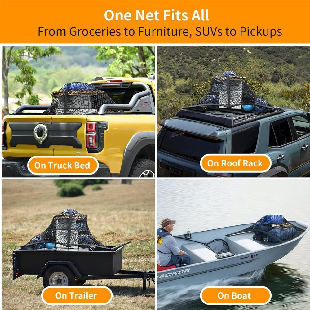 Cargo Net for SUV Pickup Truck Bed 4'X4&rsquo; Stretches to 7&lsquo;X 7&rsquo; with 6Pcs Metal Carabiner Single Layer Durable Highly Stretchable Elastic Mesh, Auto Storage Accessories,Universal for Vehicles image number 1