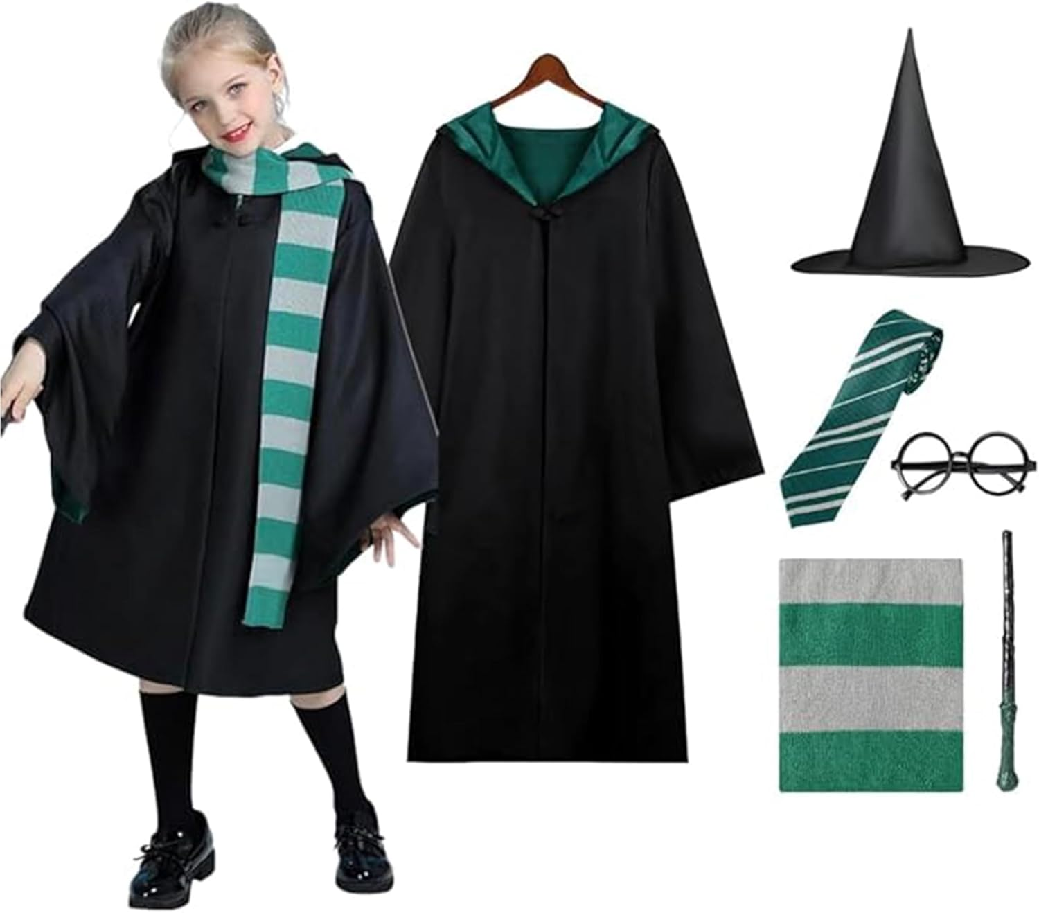 AUTOWT Kids Wizard Cloak Costume Set, 6Pc Magician Robe Outfits with Hooded Cape Hat Wand Scarf Glasses Tie Movie Dress up Accessory Boys Girls School Carnival Halloween Cosplay