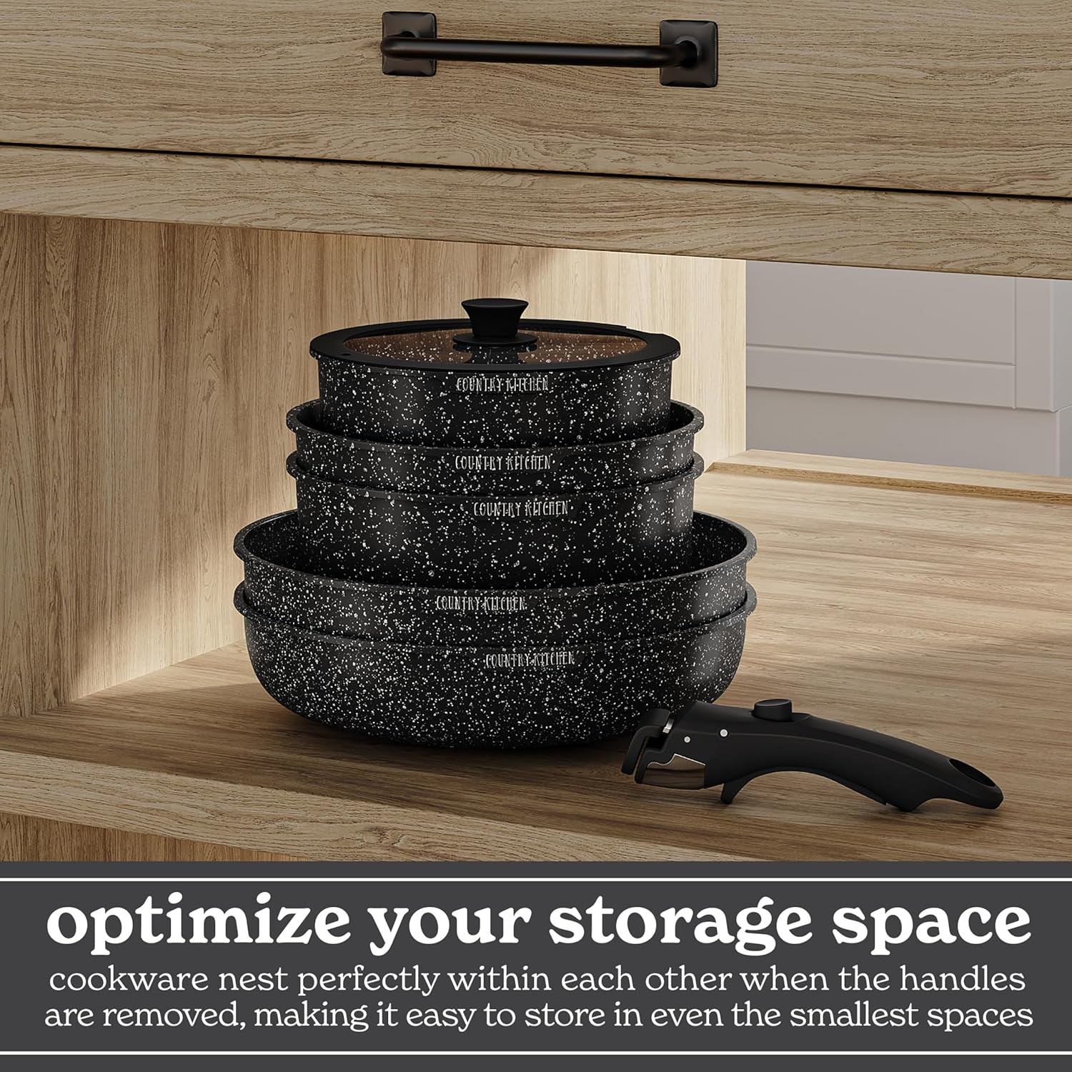 Country Kitchen 13 Piece Pots and Pans Set - Safe Nonstick Cookware Set Detachable Handle, Kitchen Cookware with Removable Handle, RV Cookware, Oven Safe (Black) image number 2