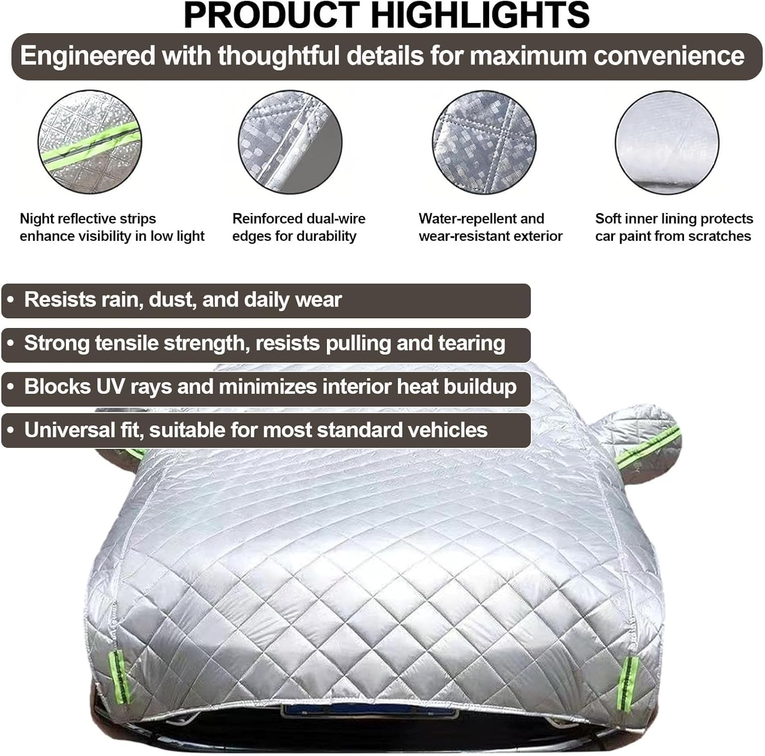 Premium All-Weather Hail Protection Car Cover, Heavy Duty 190T Silver-Plated Fabric, Quilted 5-Layer Design with Reflective Strips, Multiple Sizes for Sedan, SUV, Hatchback (Black, S) image number 3