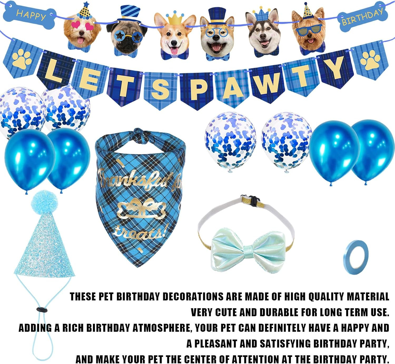Dog Birthday Party Supplies,Dog Birthday Hat and Bandana Blue with Dog Bow Tie and Balloons,Lets Pawty Happy Birthday Banner for Pet Puppy Cats Small Medium Dogs (Dog Birthday Decorations Blue) image number 5