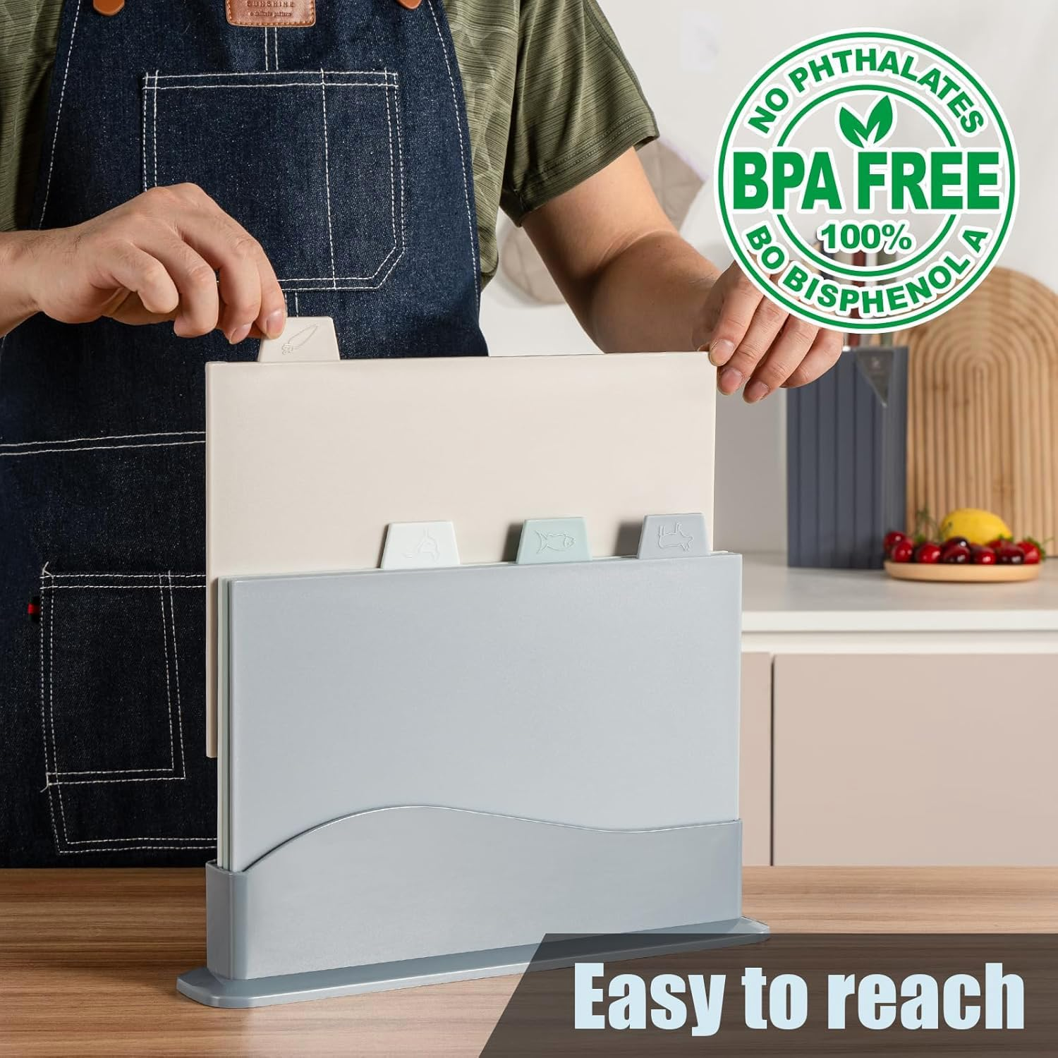 Chopping Board Set, 4Pcs Plastic Chopping Board with Storage Stand, Reversible Cutting Boards with Food Icons for Preparation of Vegetables, Meats image number 3