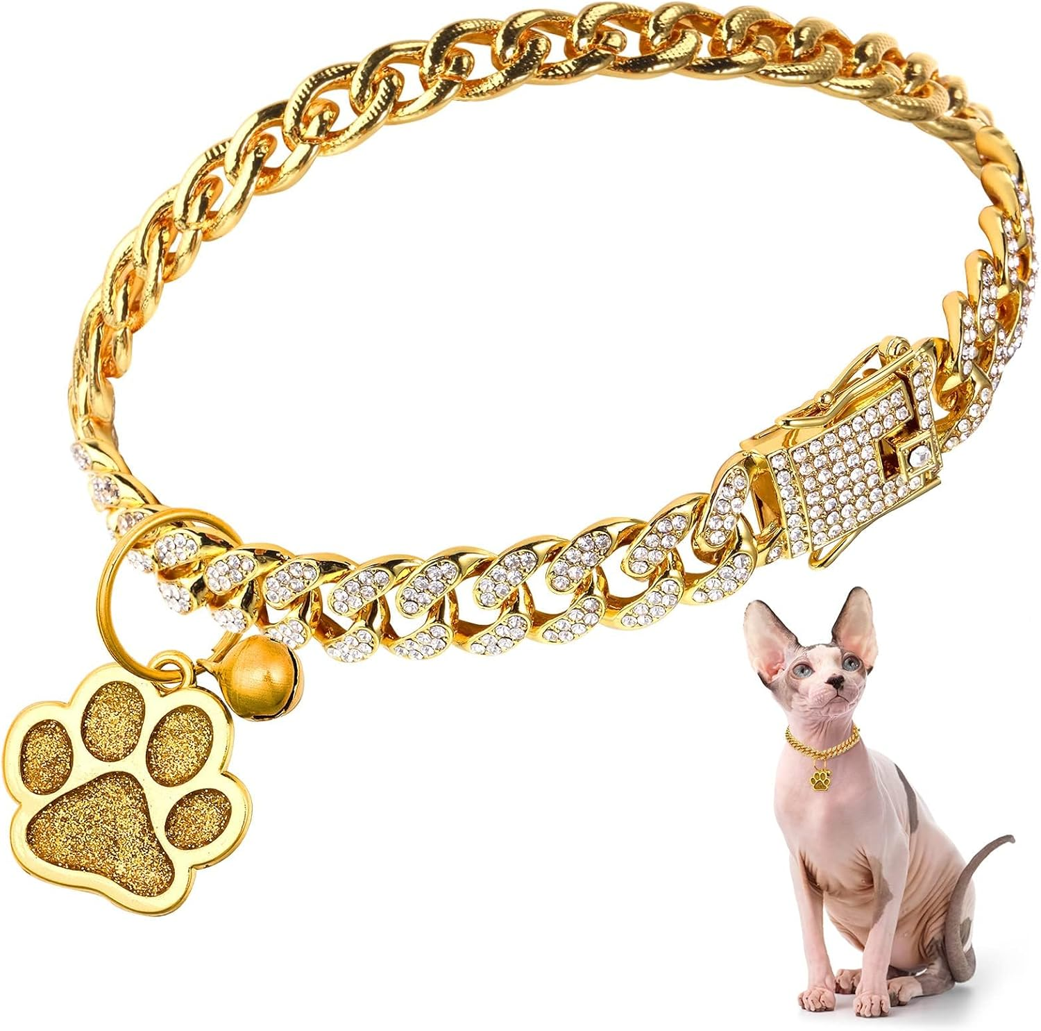 Cat Collar Diamond Chain Glitter Collar Walking Metal with Secure Buckle Cat Pet Necklace with Paw Charm Bell Link Cuban Jewelry Accessories(8 Inch,Gold)