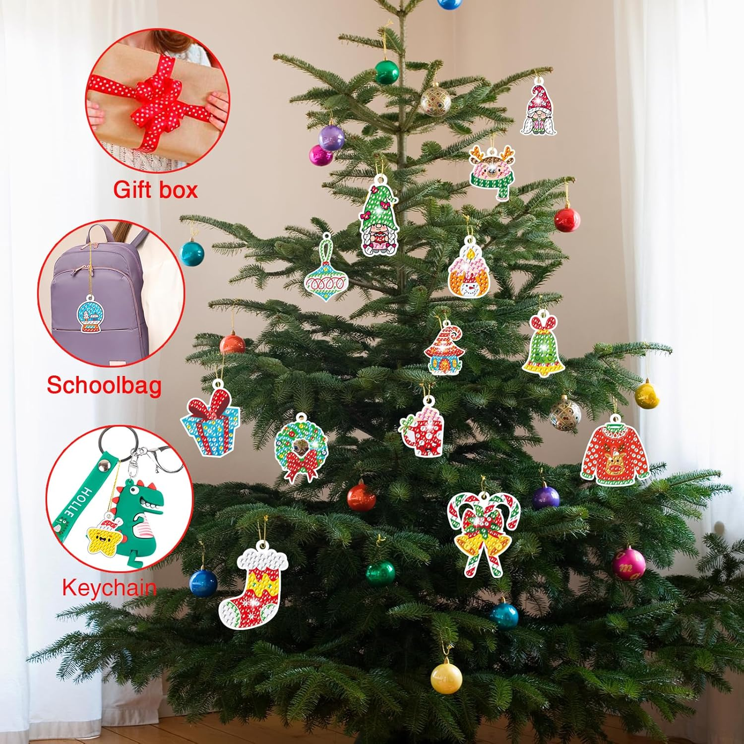 Christmas Diamond Art Painting Pendant, ACSAUMMY 38Pcs 5D Diamond Dots Painting Cards Pictures Kids Diamond Art Dots DIY Diamond Kits Gem Art Craft for Christmas Tree Xmas Accessories Party Xmas Decor image number 6