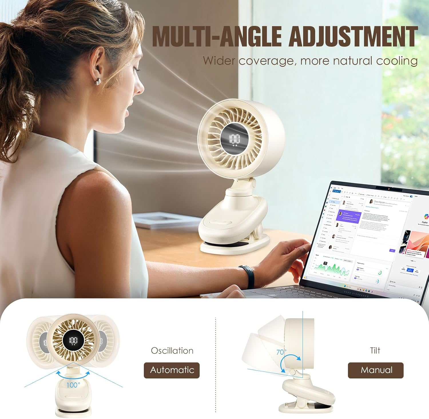 TRILINK Clip on Fan, Small USB Desk Fan with Rechargeable Battery, Oscillation, Timer, Stepless Speed & Ultra Quiet, Mini Portable Table Fan for Home, Desktop, Bedroom, Bed, Office, Travel, & Camping image number 1