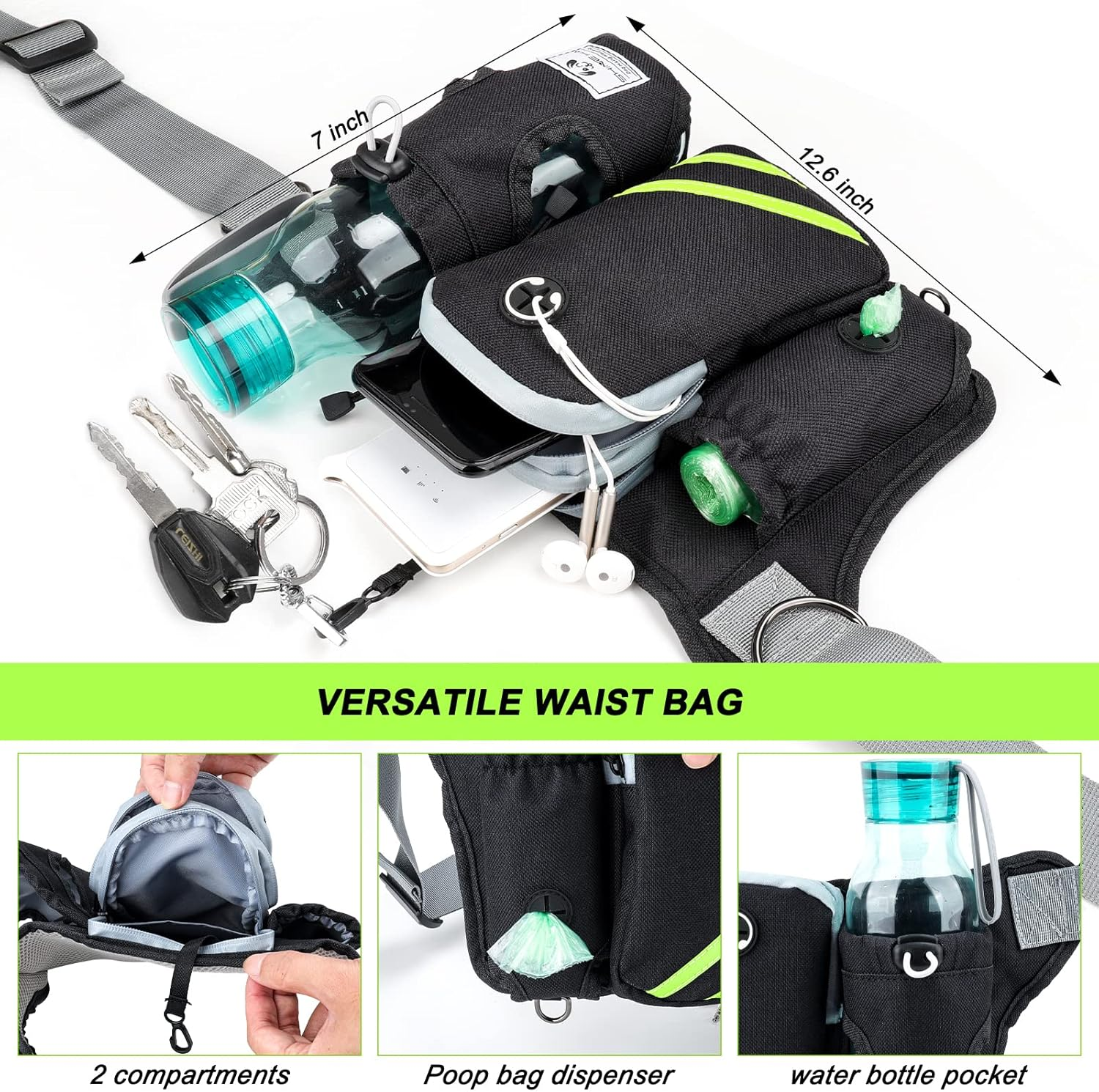 Shine HAI Retractable Hands Free Dog Leash with Dual Bungees for 2 Dogs, Adjustable Waist Belt, Reflective Stitching Leash for Running Walking Hiking Jogging Biking Black - Green MA-US22-DL image number 5