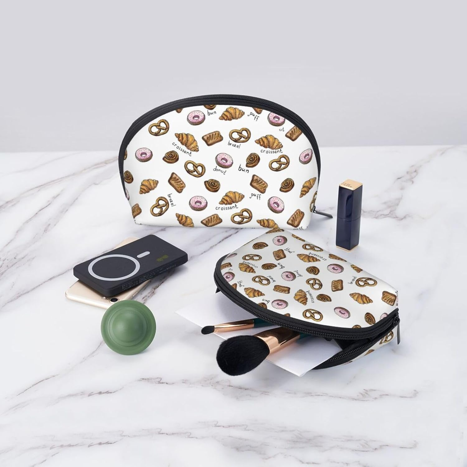 Cozimangoe Coin Pouch Makeup Bags Set, 2 Piece Shell Shape Cosmetic Bag with Pockets for Daily Travel Handbag Lipstick Keys Toiletry, Personalized Croissant image number 2