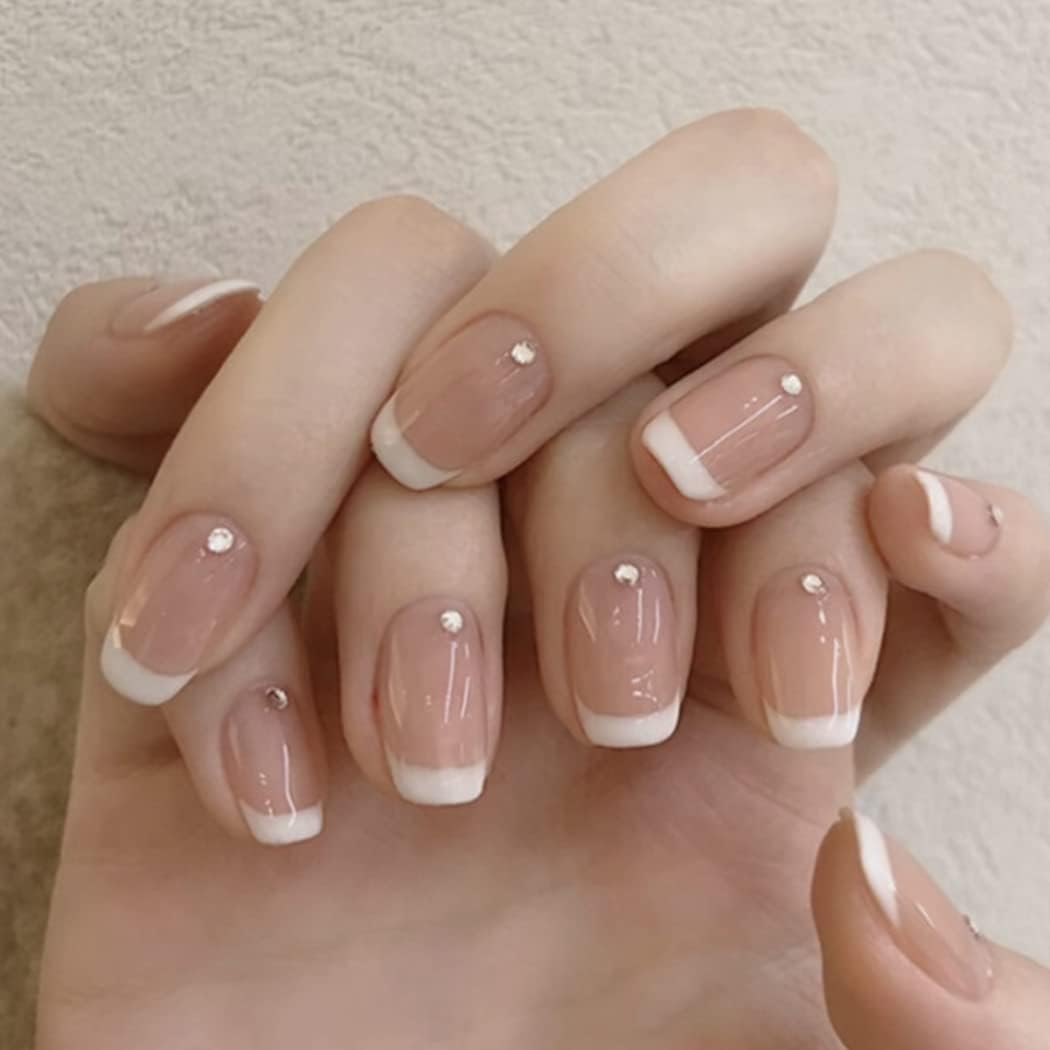 Sethexy Short Square Fake Nails French Ballerina Rhinestone False Nails Glossy Stick on Nails 24Pcs Acrylic Pink Press on Nail Tips image number 1