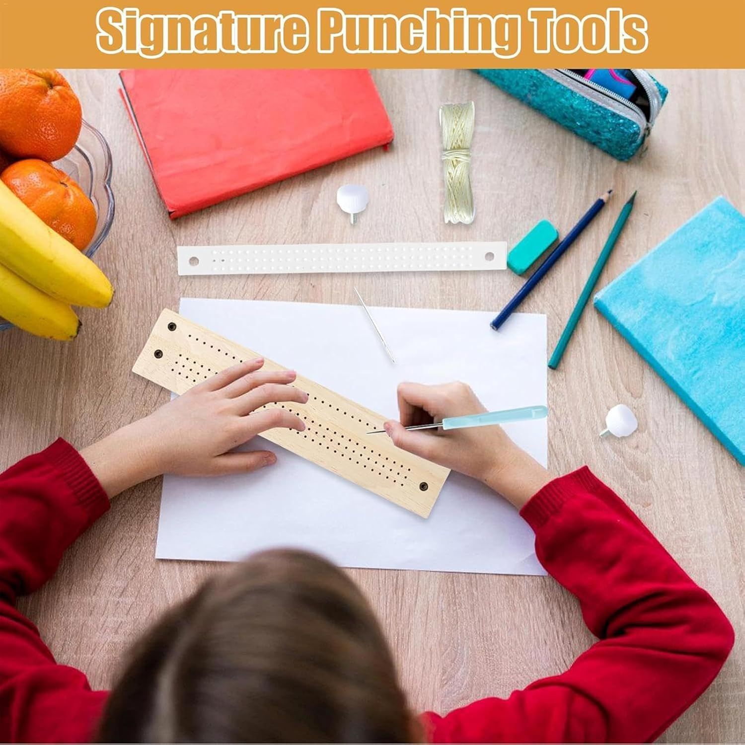 Bookbinding Tools Set,Wooden Signature Punching Tools,Bookbinding Punch Guide Set,With Straight Curved Needle, Waxed Thread, Awl, Bookbinding Cradle Tools for Starter Scrapbooking Kits DIY Crafts image number 4