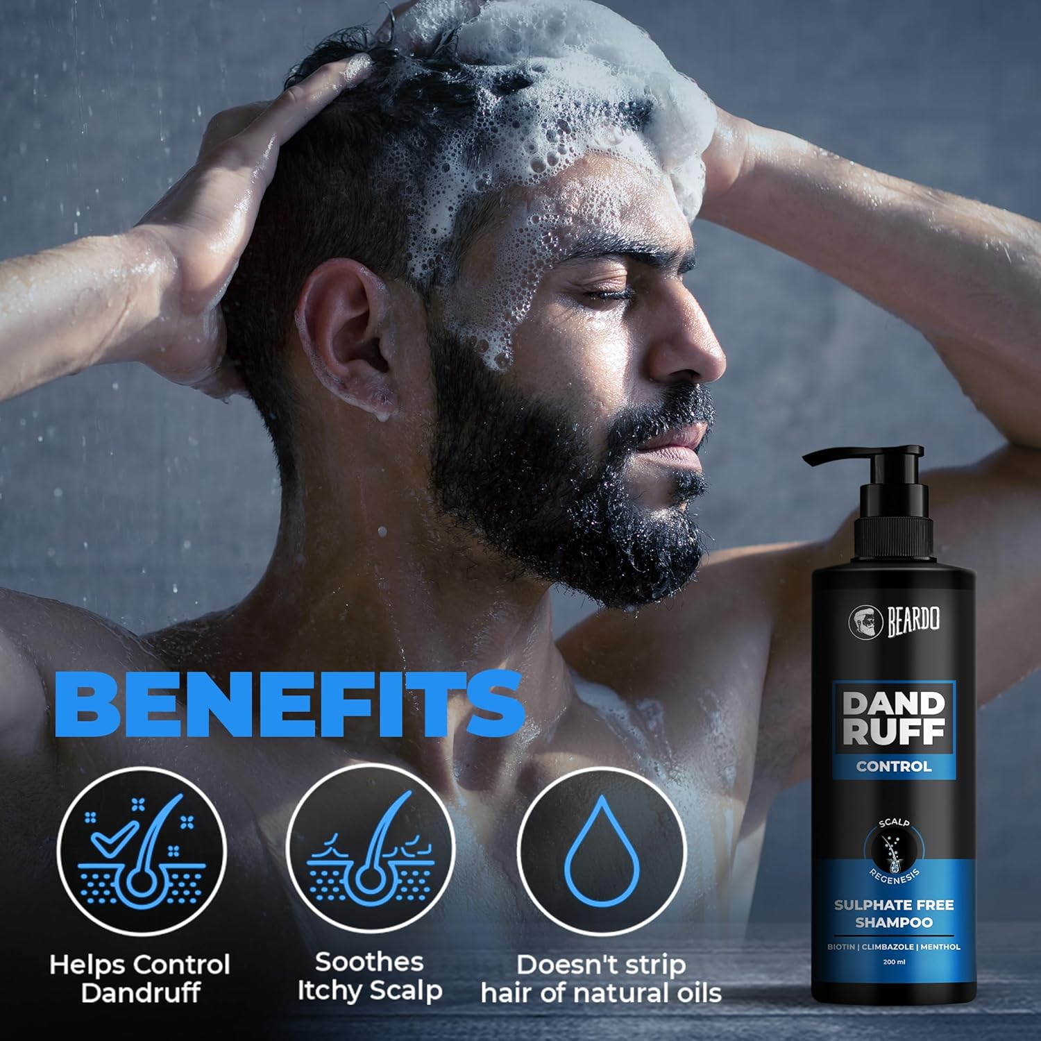 Beardo Dandruff Control Sulphate Free Shampoo 200 Ml | Biotin | Climbazole | Menthol | Reduce Dandruff and Itchy Scalp image number 1