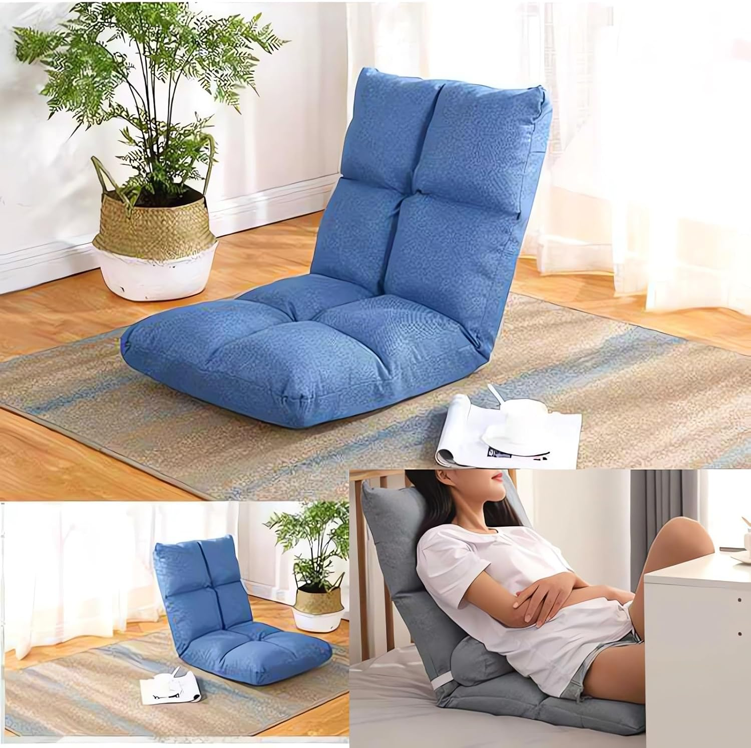 Adjustable Floor Chair with 5 Positions, Linen Fabric Cover, Foam Padding, 52.5 X 50 X 52.5 Cm, A300 (Grey)