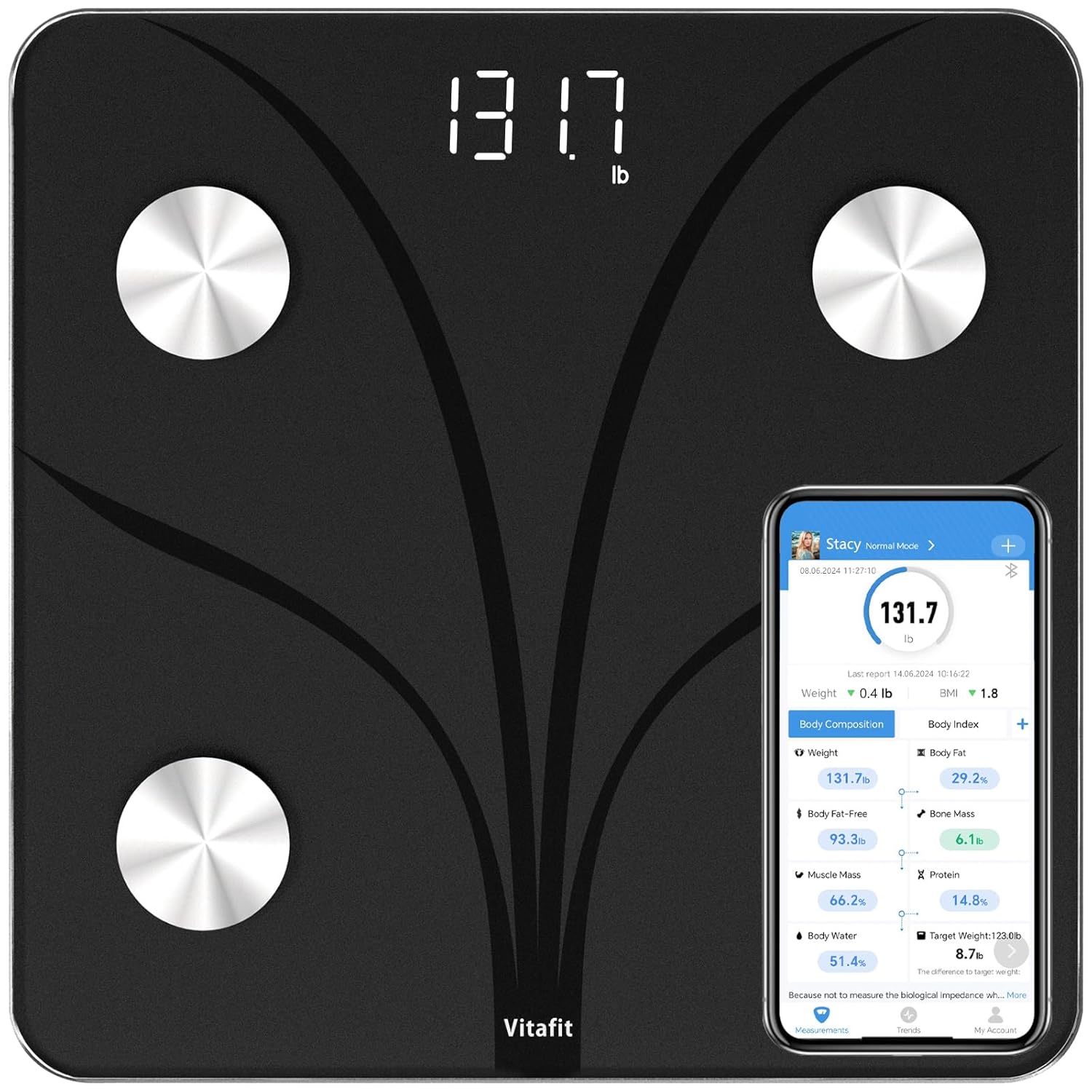 Vitafit Smart Bathroom Scales, High Accuracy Assured by Weight Scale Professional Factory since 2001, App Sync 13 Body Composition Analyzer Including BMI, Body Fat and Muscle, 180Kg, Black