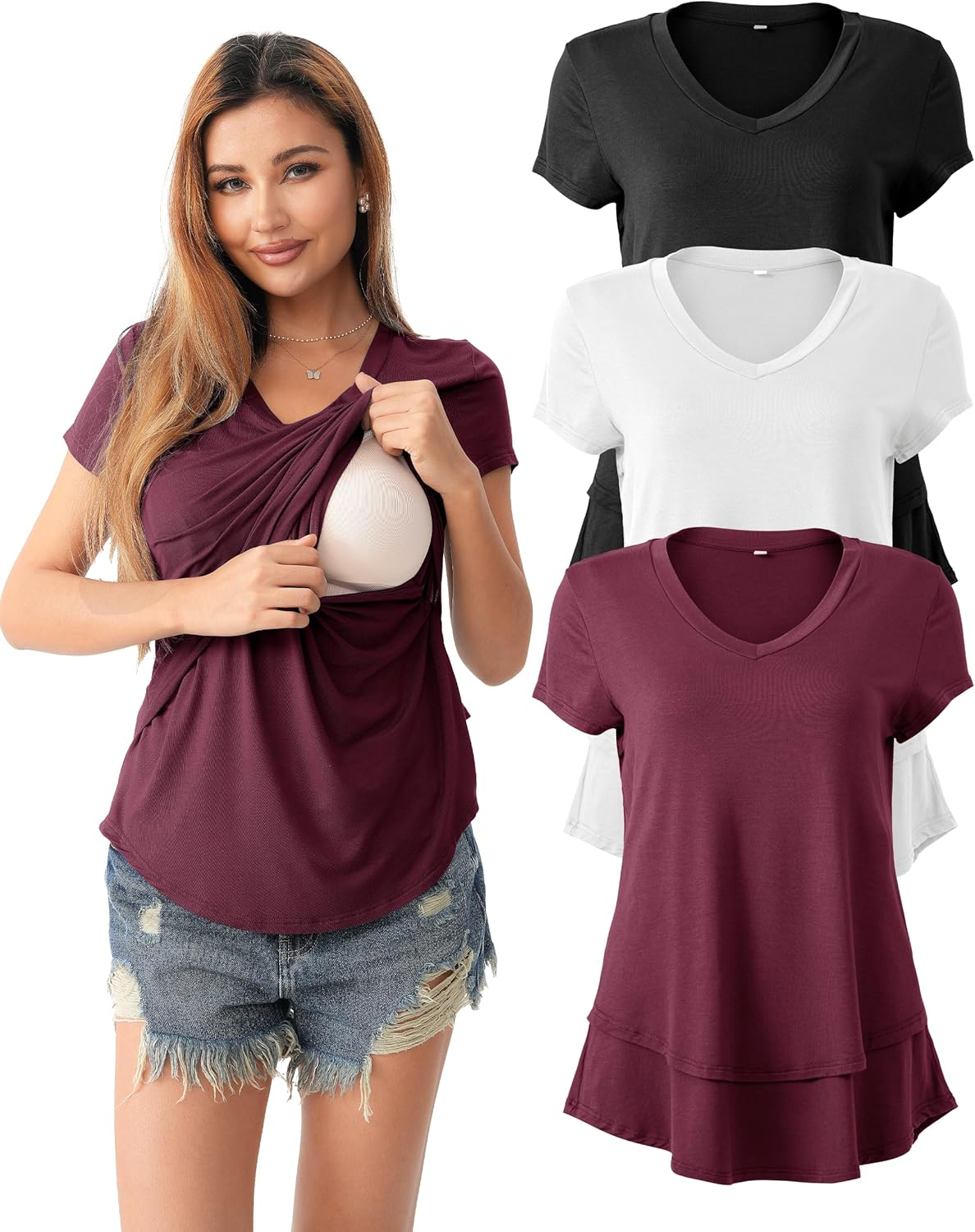 SUNNYBUY 3 Pack Hidden Nursing Tops for Breastfeeding Women Double Layer V Neck Maternity Shirts Postpartum Tee image number 3