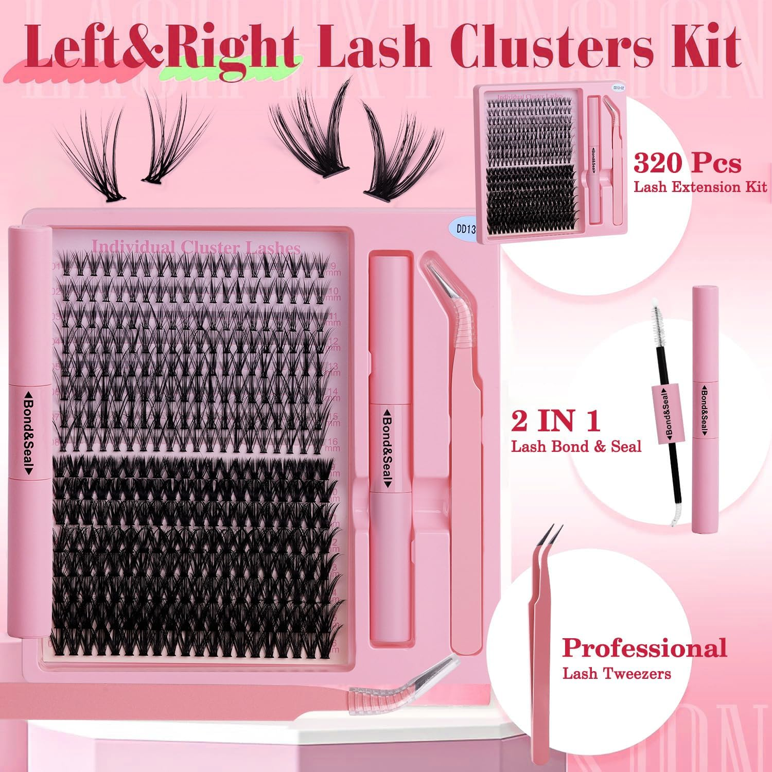 DIY Lash Extension Kit 320Pcs Lash Clusters Eyelash Extension Kit with Lash Bond and Seal Waterproof Lash Applicator Individual Lashes Apply at Home Easy(20D+50D-9-16Mix Kit) image number 1