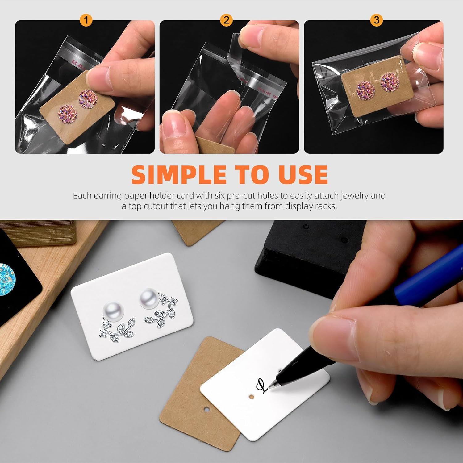 Tanstic 800Pcs Earring Cards with Earring Backs and Self-Sealing Bags Kit, Earring Display Cards Earring Holder for Selling Earring Jewelry Display(White/Black/Brown)-25 X 35Mm/1 X 1.37 Inch image number 2