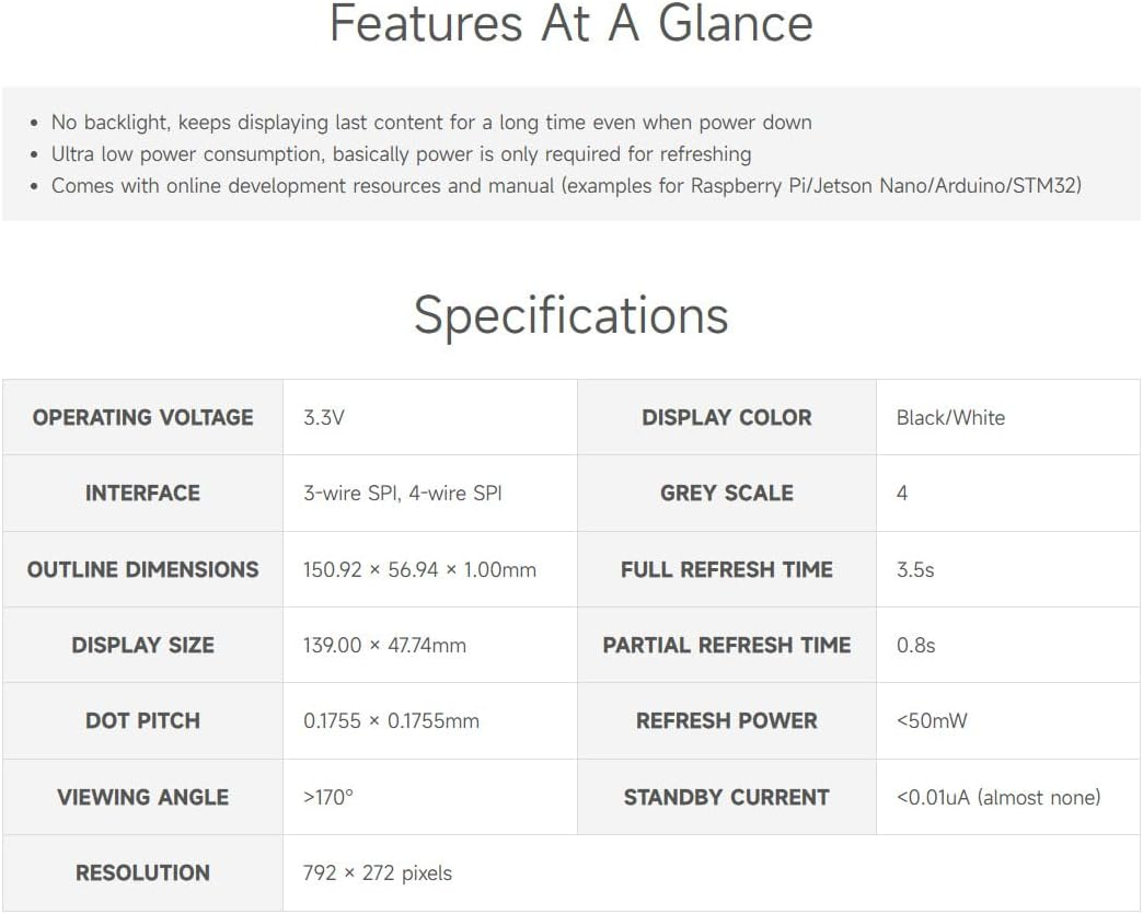 Waveshare 5.79Inch E-Paper Raw Display, Compatible with Raspberry Pi, E-Ink Display, 792X272, Black/White, SPI Communication, without Driver Board image number 5