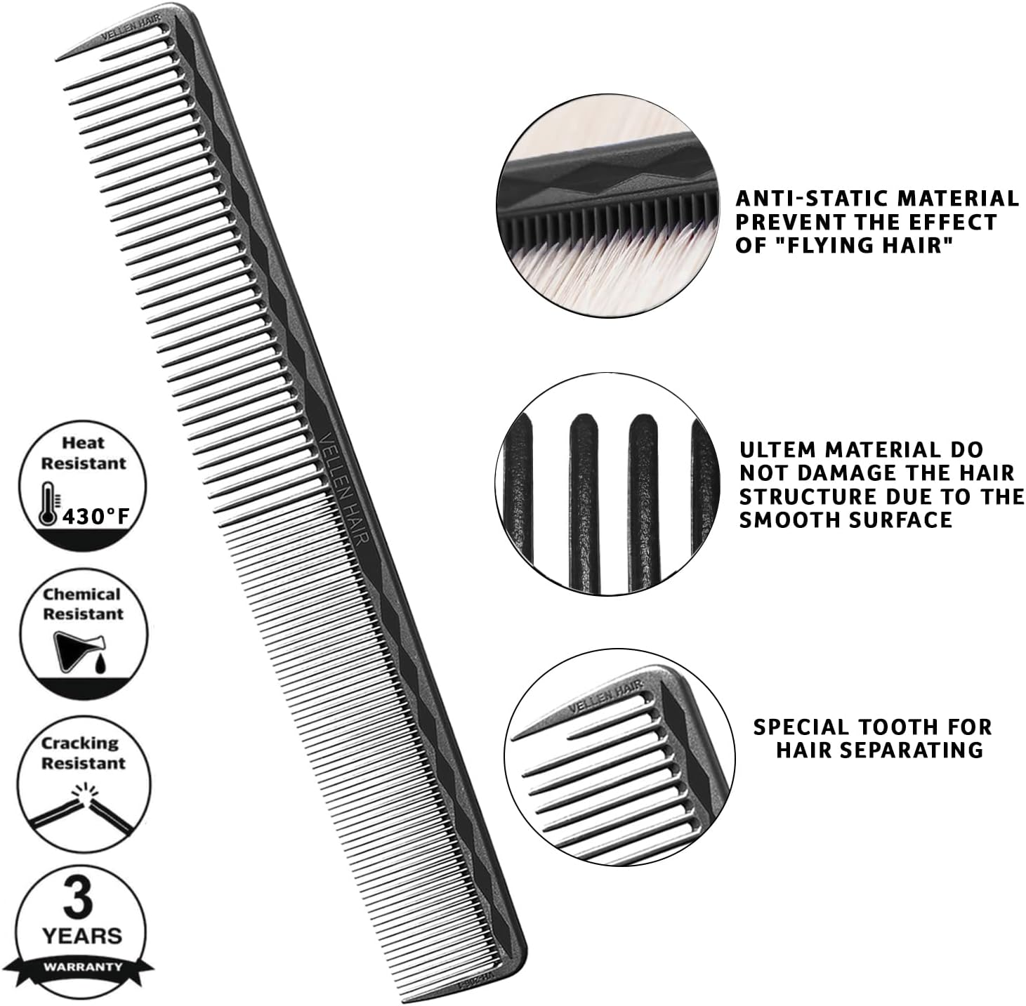 Vellen Hair Ultimate Cutting Comb for Men Women, Unbreakable PEI Material 430&deg;F Heat Resistant Barber Styling Combs for Hairdressers , Little Combs Fine Teeth and Extra Wide Tooth Combs for Hair Stylist , 5-Pack Different Sizes (Black) image number 5