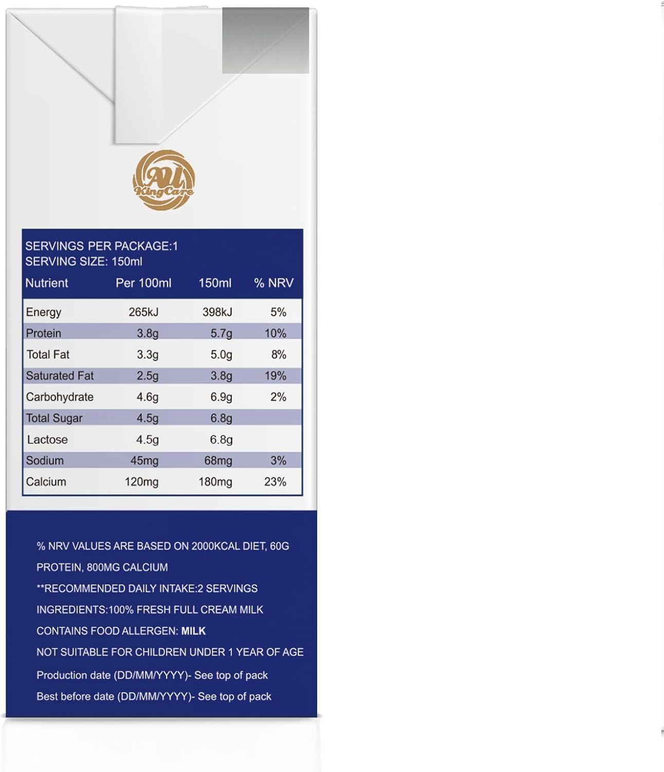 Au Kingcare Pure Full Cream Milk 150Ml*32Box/Carton - Foil Tab Packaging, Eco-Friendly image number 4