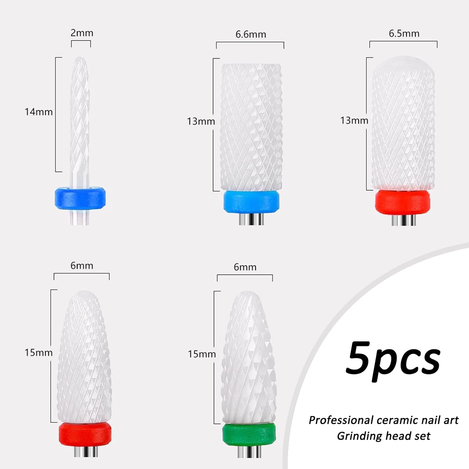 RIBHNXHI Professional Ceramic Nail Drill Bits Set 5Pcs for Manicure Pedicure Acrylic Nail Filing Cuticle Care and Gel Nail Polishing