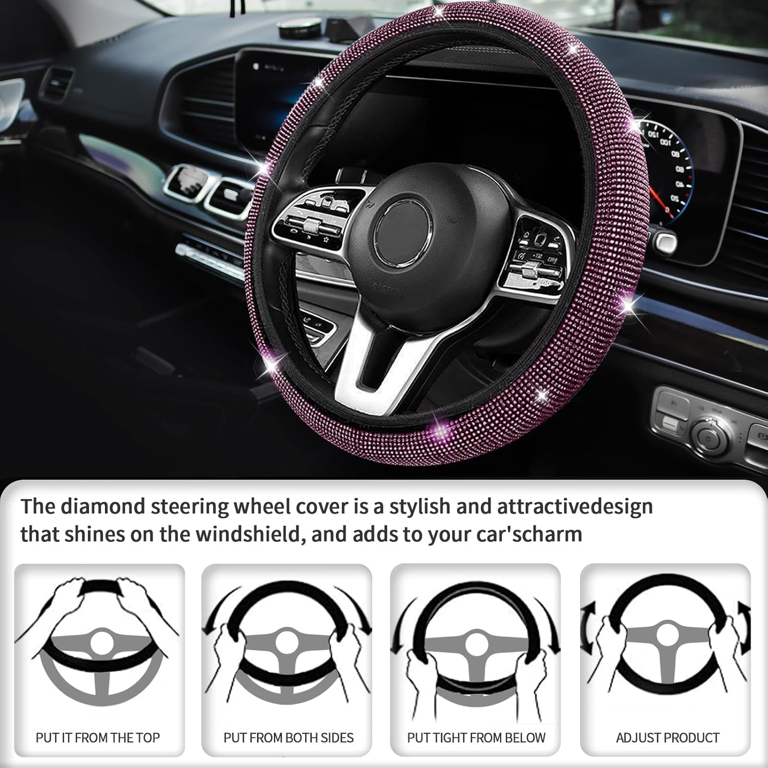 Steering Wheel Cover for Women Bling Crystal Diamond Sparkling Steering Wheel Covers with Coaster Interior Accessories Universal Fit 14"-15" Anti-Slip Steering Wheel Protector (Pink)