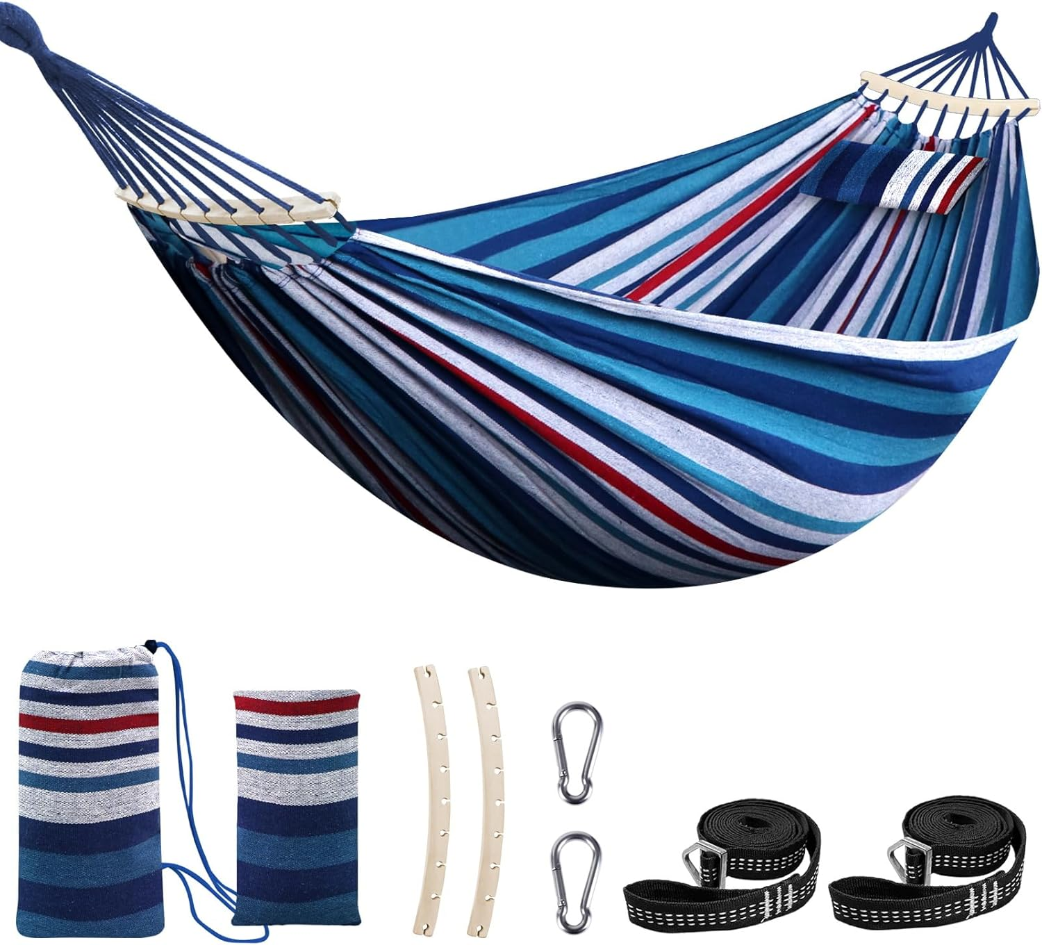 Chihee Cotton Hammock Large Soft Breathable Camping Hammock Holds up to 660Lbs Portable Tree Hammock with Detachable Spreader Bar Pillow 2 Strong Webbings 2 Carabiners Patio Garden Indoor Outdoor