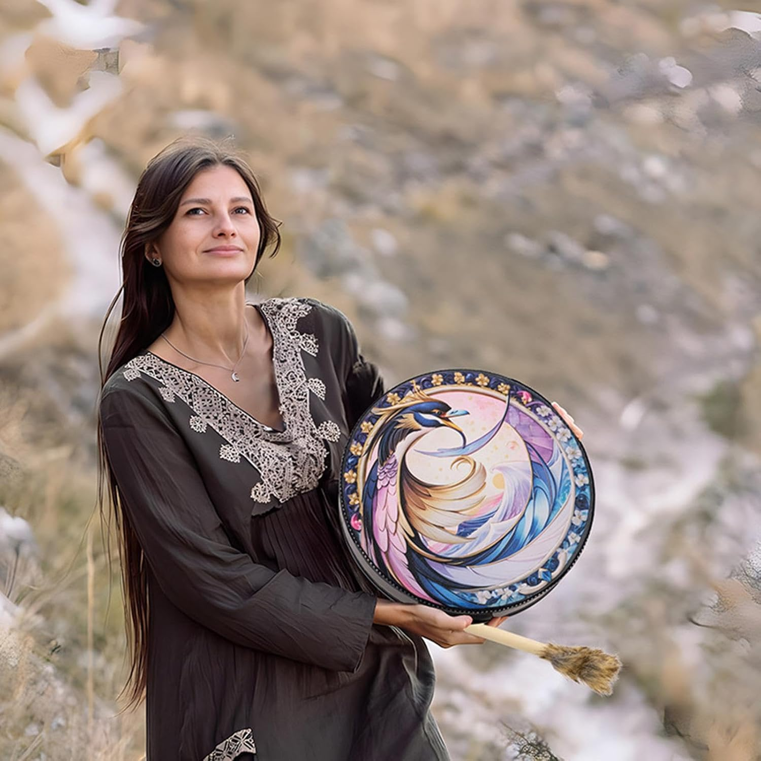 Shaman Hand Drum,Bird Print Shamanic Drums Drum Instruments | Colorful Shaman Tools Meditation Drum for Music Meditation Rituals image number 5