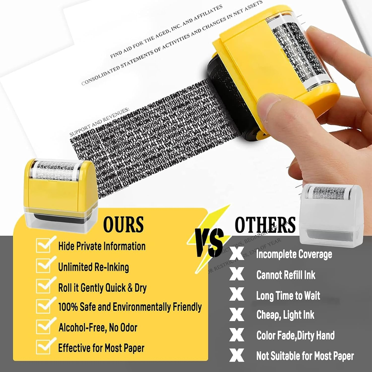 AEEGO Wide Format Identity Theft Protection Roller Stamp for Hiding Sensitive Information, Identity Confidentiality Stamp, Security Stamp Roller for Identity Theft Prevention (3 Refill Inks Included) image number 3