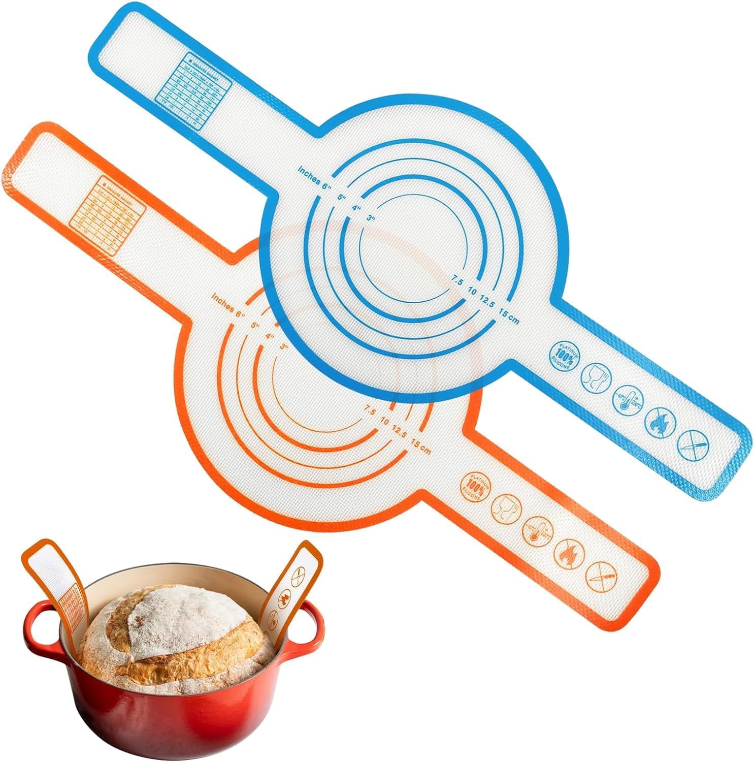 THJOPOKEEL 2 PCS Silicone Bread Sling for Dutch Oven, Heat Resistant Non-Stick & Easy Clean Reusable Silicone Bread Baking Mat with Long Handles for Transferable Dough