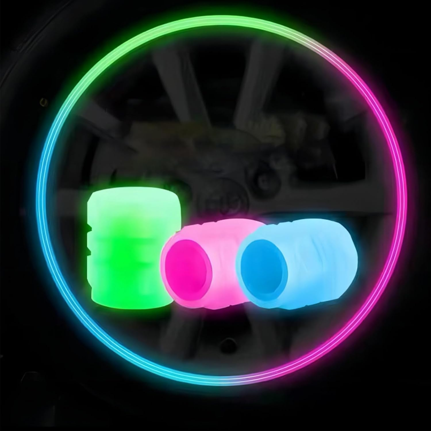 Fluorescent Tyre Valve Stem Cap, Enhance Visibility Luminous Tire Valve Cap Construction Easy Install Water for Car (Blue)
